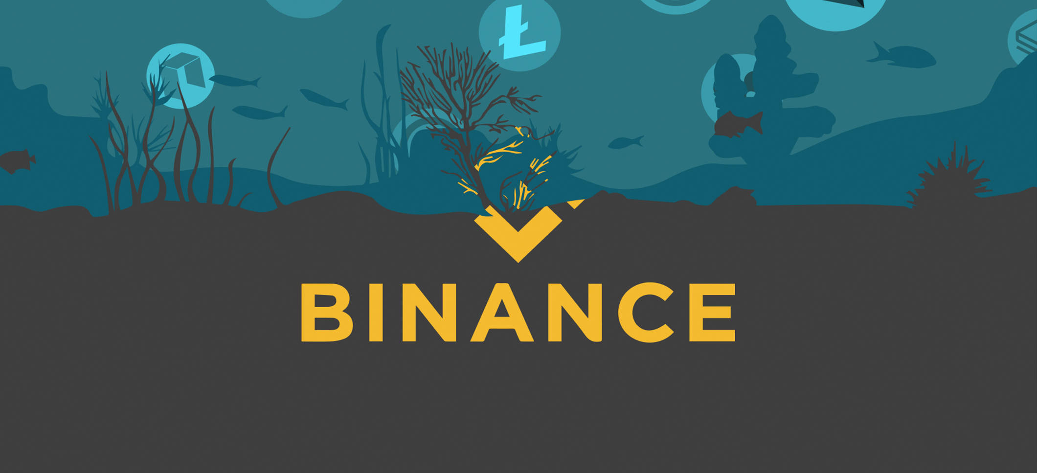 Binance 數位藝術 壁紙 — Binance 標誌從海底浮現，魚類和加密貨幣符號漂浮在藍綠色水下場景上方。