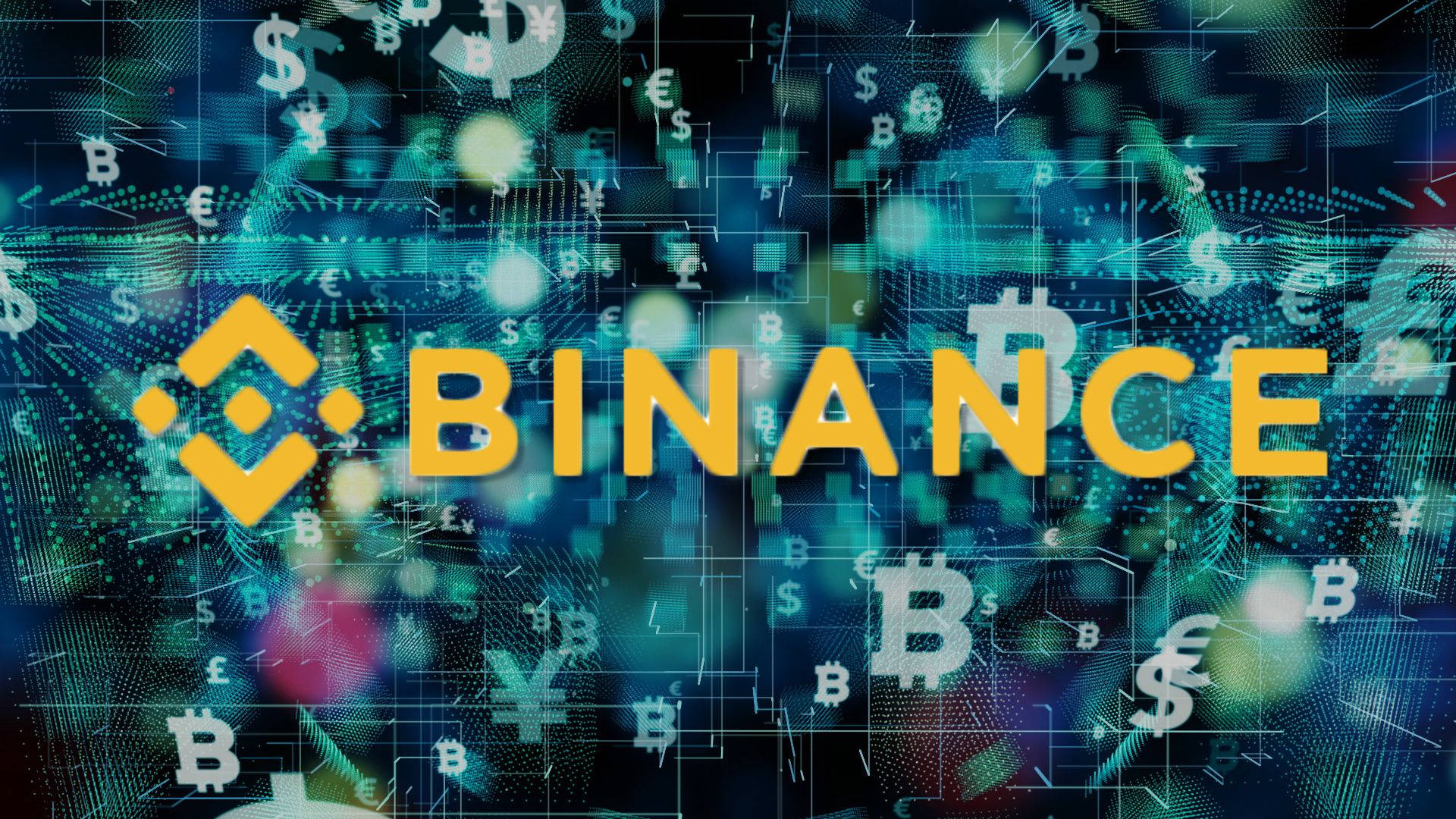 Binance 未來幣種 壁紙 — Binance 標誌在浮動貨幣符號和發光電路線的數位背景下以鮮明的黃色發光。