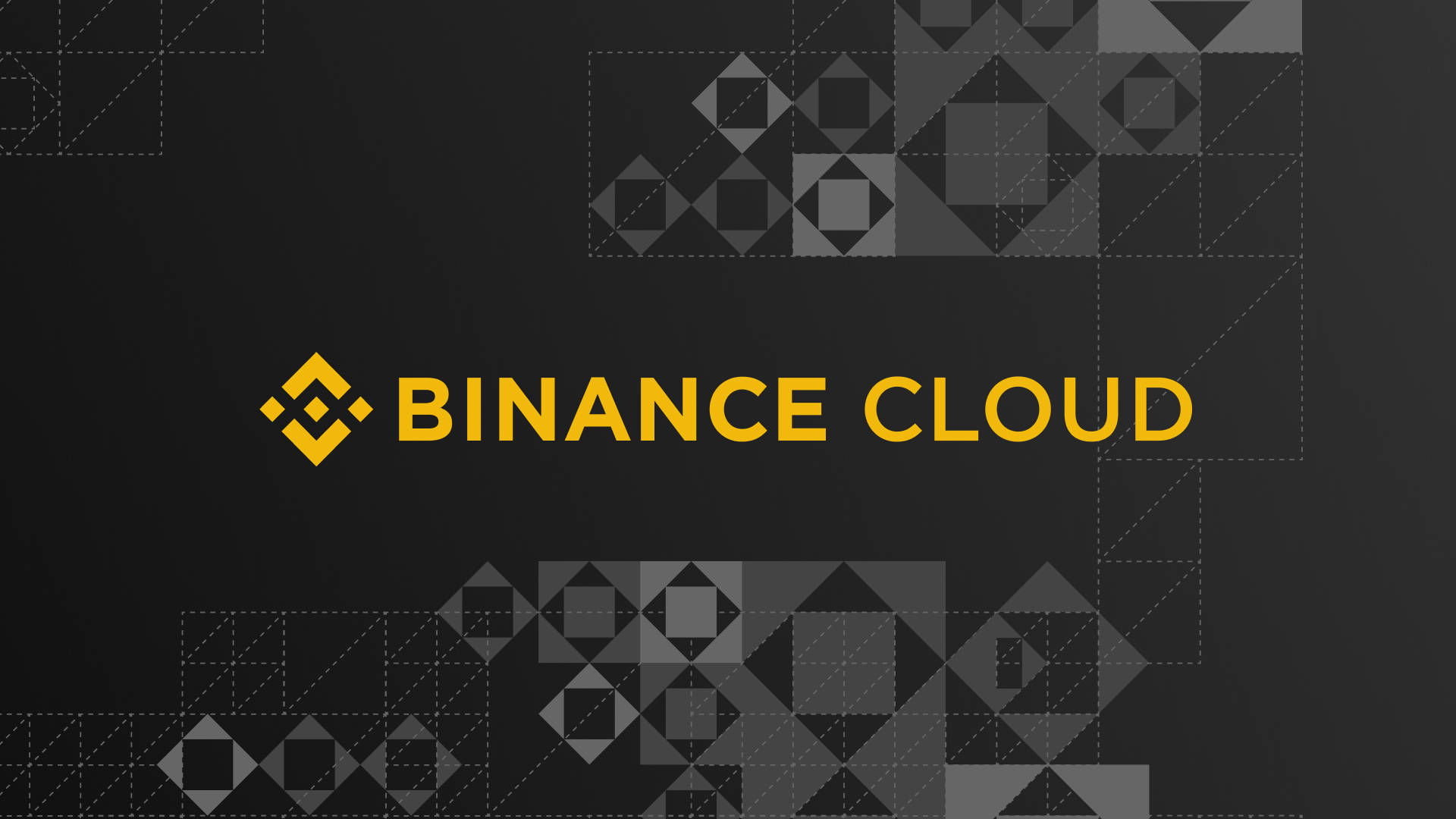 Binance 雲端圖案 壁紙 — 大膽的黃色 Binance Cloud 標誌居中於深灰色背景上，帶有抽象幾何圖案。