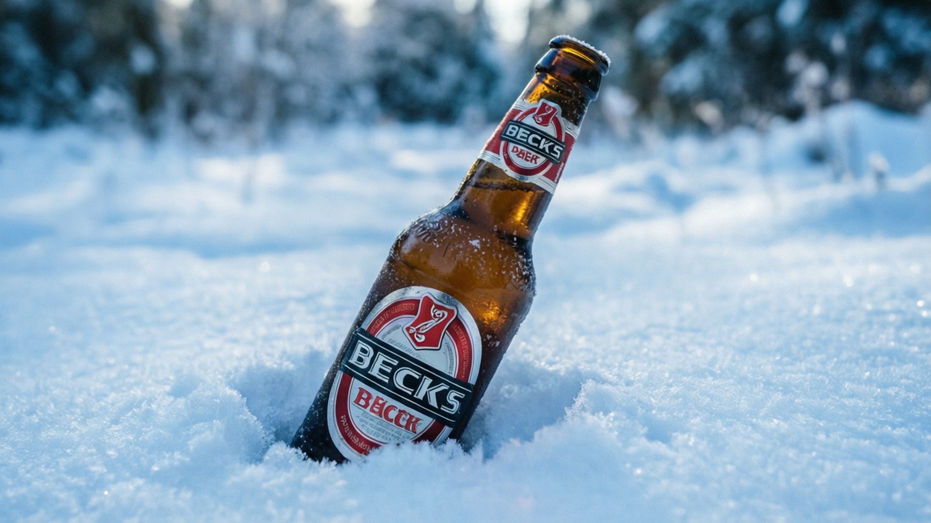 桌布 壁紙 — 一支冰凍的Beck's啤酒瓶半埋在新鮮雪中，背景是模糊的冬季樹木。