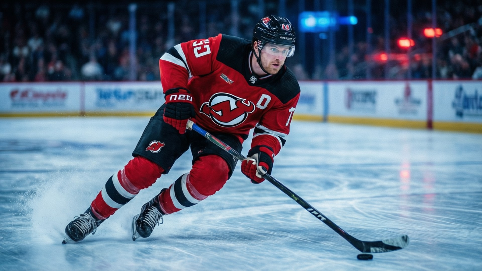 Erik Haula 桌布 壁紙 — 一名身穿紅黑色球衣的冰球運動員在比賽中手持冰球在冰上激烈滑行。