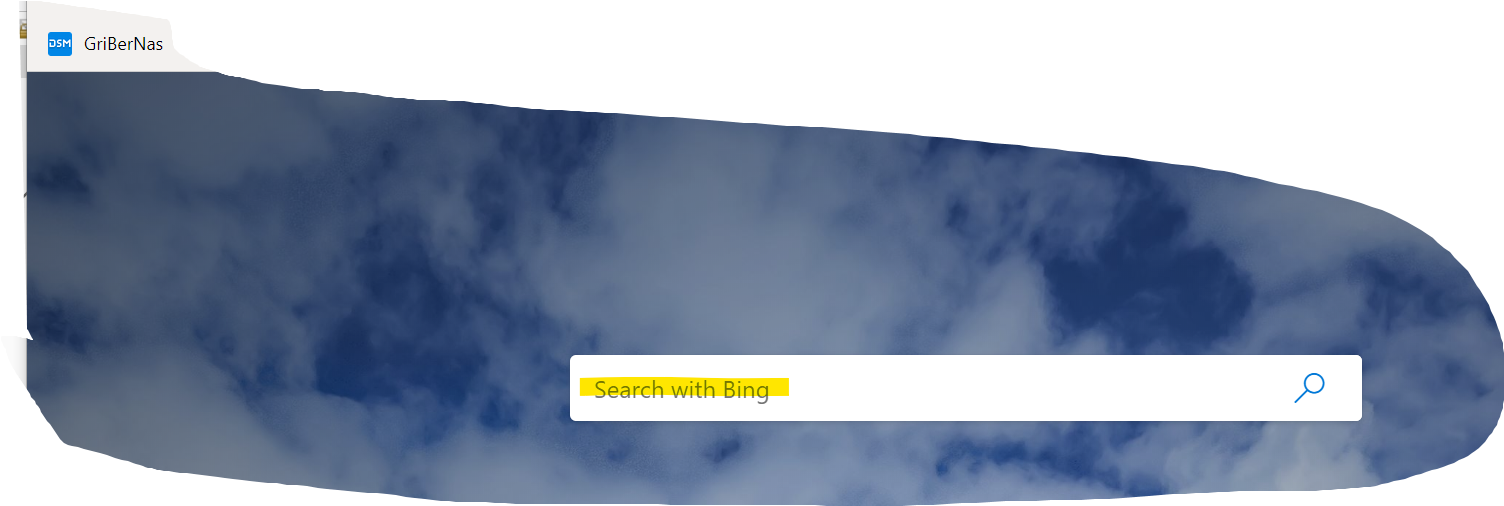 Bing 搜尋列雲朵背景 壁紙 — 一個彎曲的數碼屏幕，在柔和的藍色雲朵背景下顯示Bing搜尋列。
