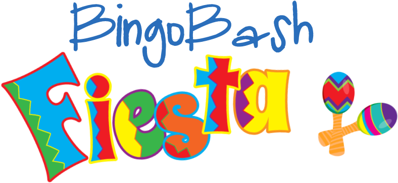 Bingo Bash Fiesta 活動標誌 壁紙 — Bingo Bash Fiesta 的鮮豔多彩標誌，以俏皮字體和沙鈴為特色，背景為黑色。
