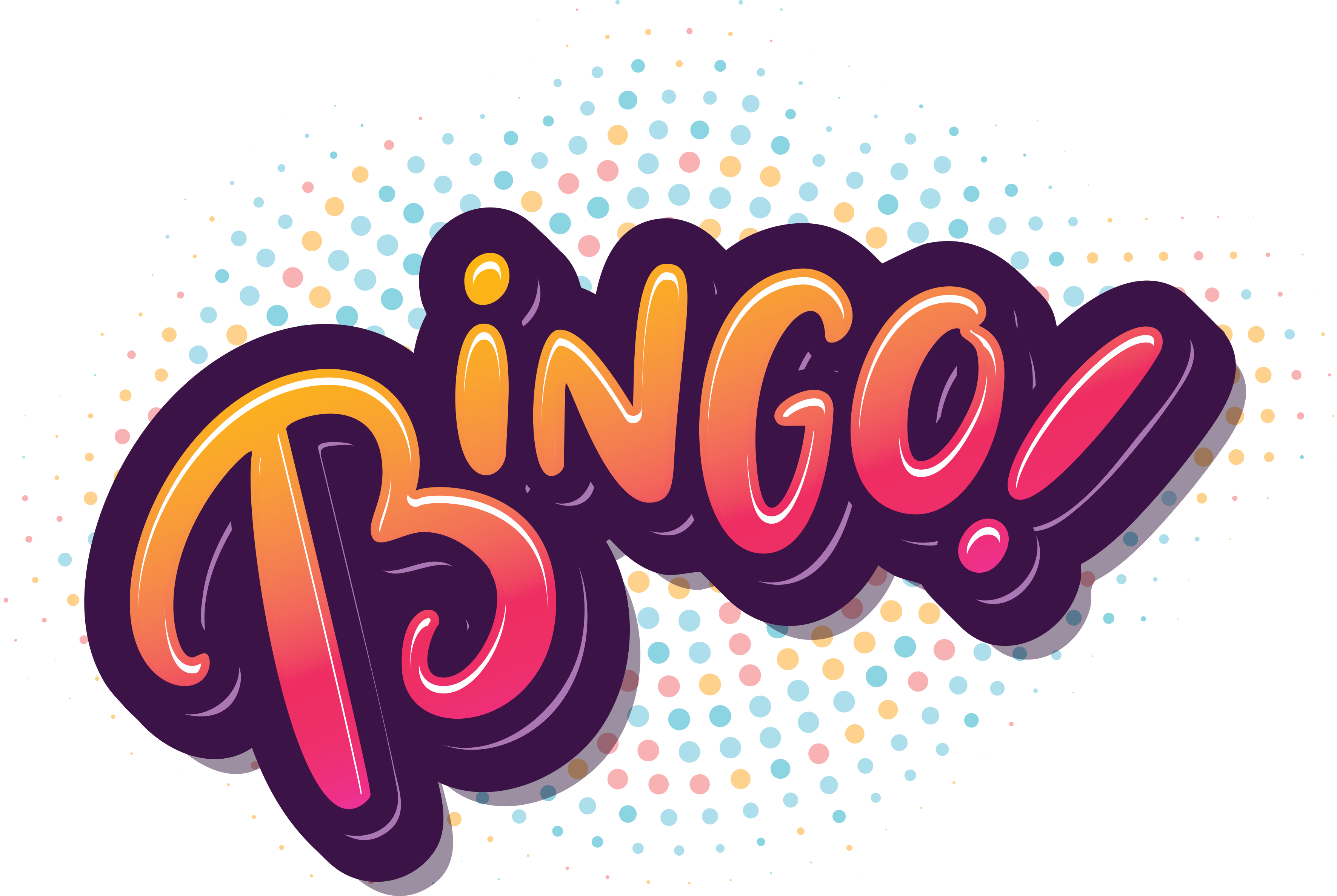 彩色BINGO字體藝術 壁紙 — 充滿活力的卡通風格 'Bingo!' 文字，帶有漸變色和圓點背景，襯以黑色。