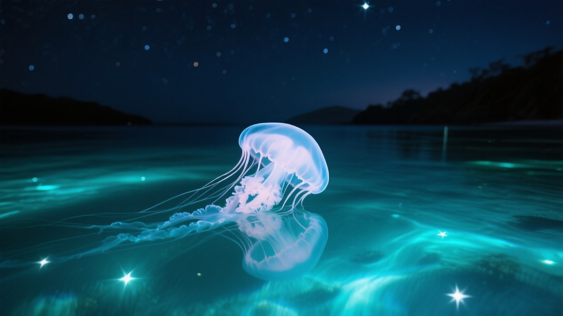 一隻發光的水母在星光燦爛的夜空下平靜的藍綠色海水中漂浮，黑暗的海岸線清晰可見。