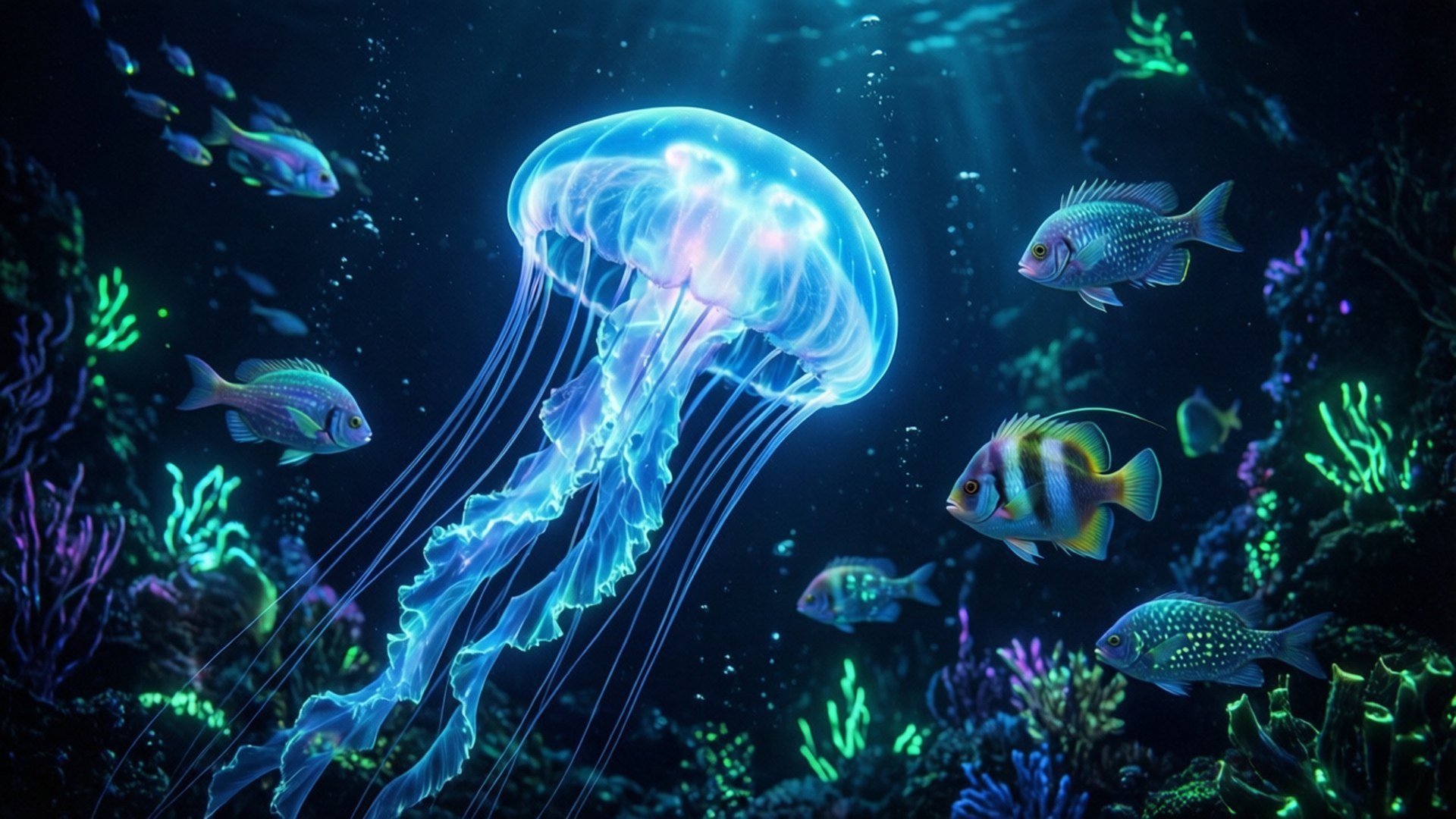 一隻發光的藍色水母在深海中與色彩繽紛的魚類和霓虹珊瑚一起游泳。