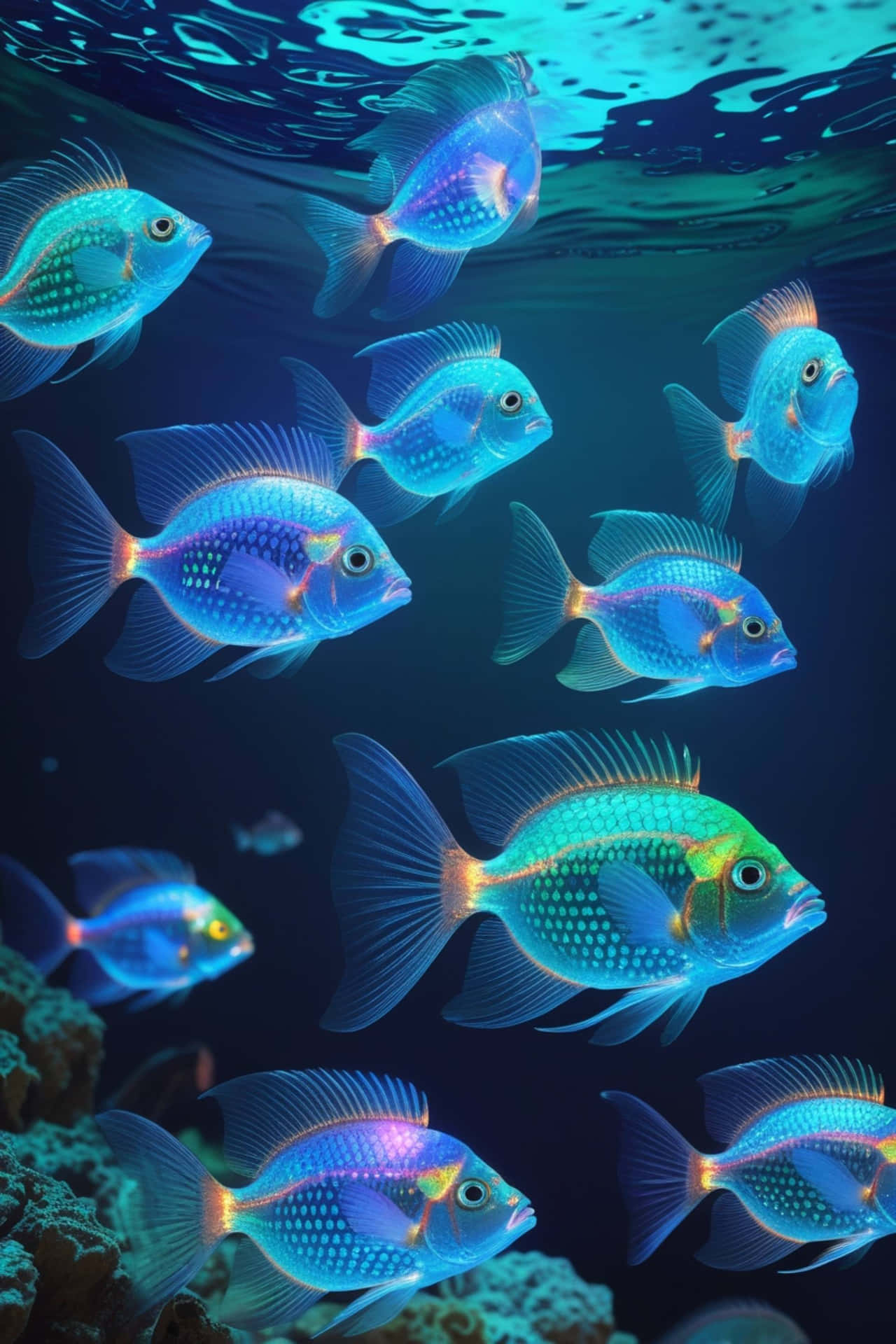 一群發光的藍色魚，帶有橙色魚鰭，在水下珊瑚附近游泳