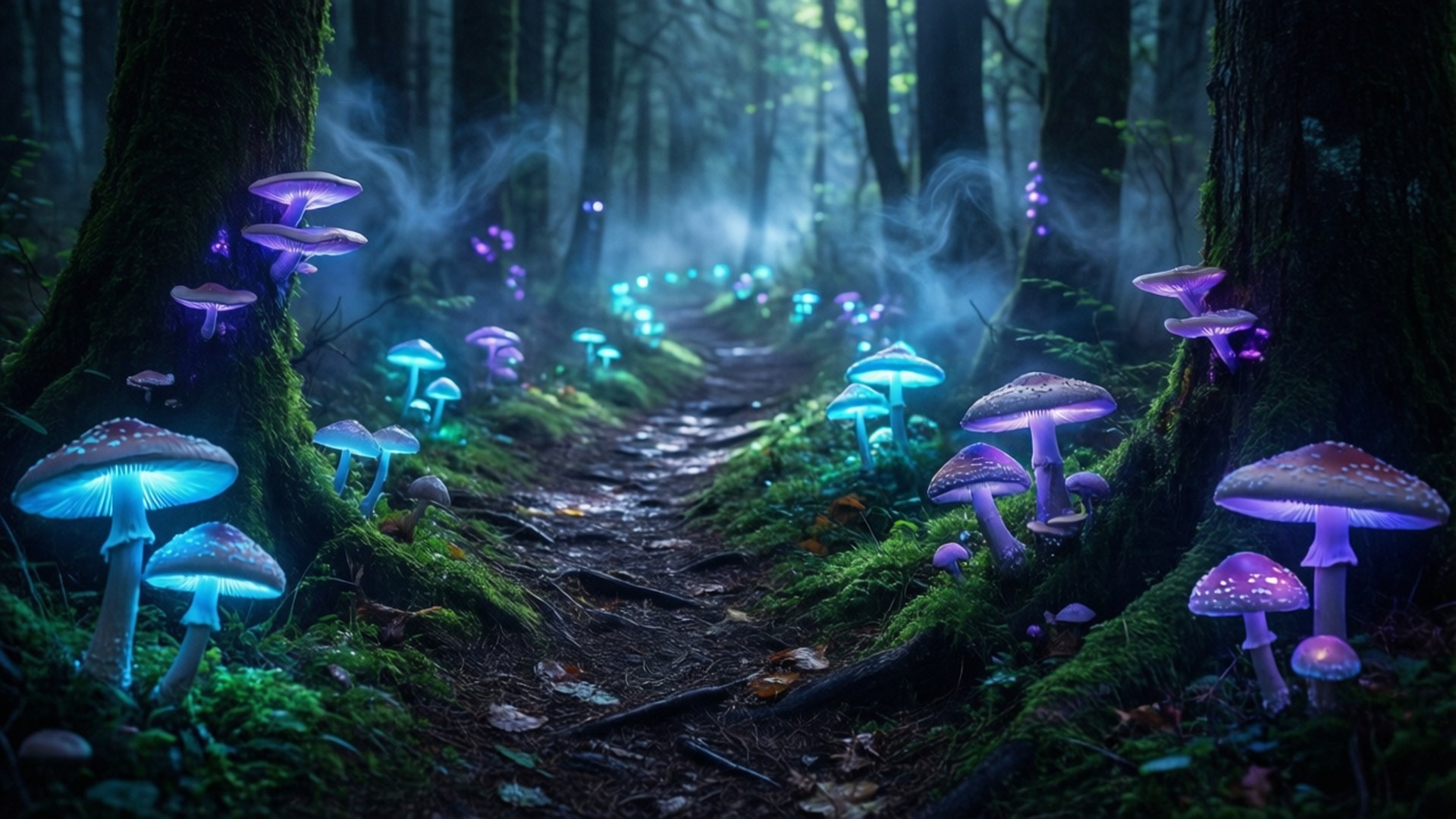 發光的藍色和紫色蘑菇排列在穿過霧氣樹木的森林小徑上。