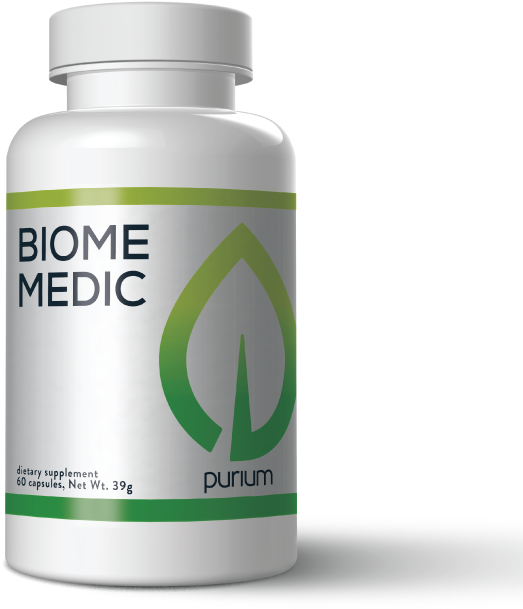 Biome Medic 補充劑瓶 Purium 壁紙 — 一個白色Biome Medic膳食補充劑瓶，帶有綠色葉子標誌，立在黑色背景前。