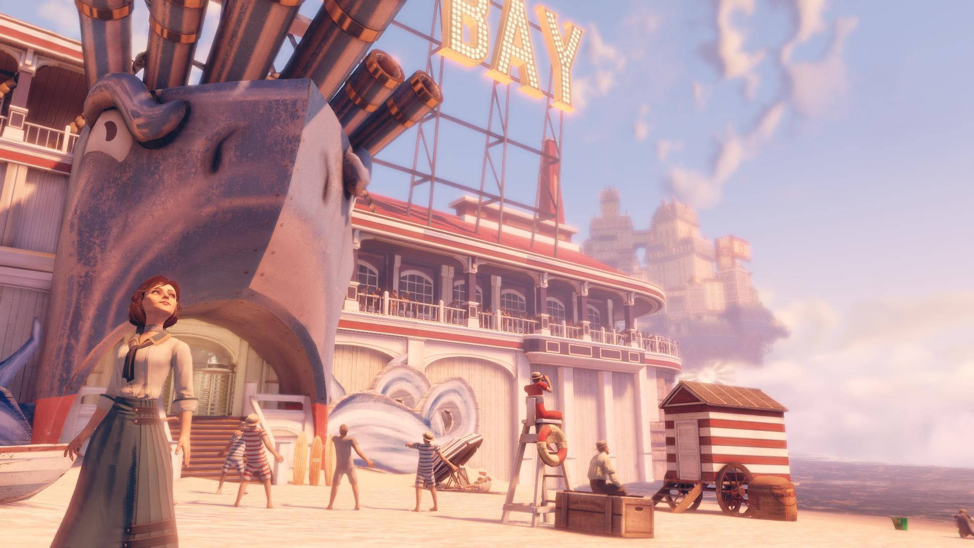 Bioshock Infinite 海濱城市 壁紙 — 一名女子站在一艘以鯨魚為主題的巨型郵輪前，該郵輪停泊在繁忙的海灣，天空晴朗。