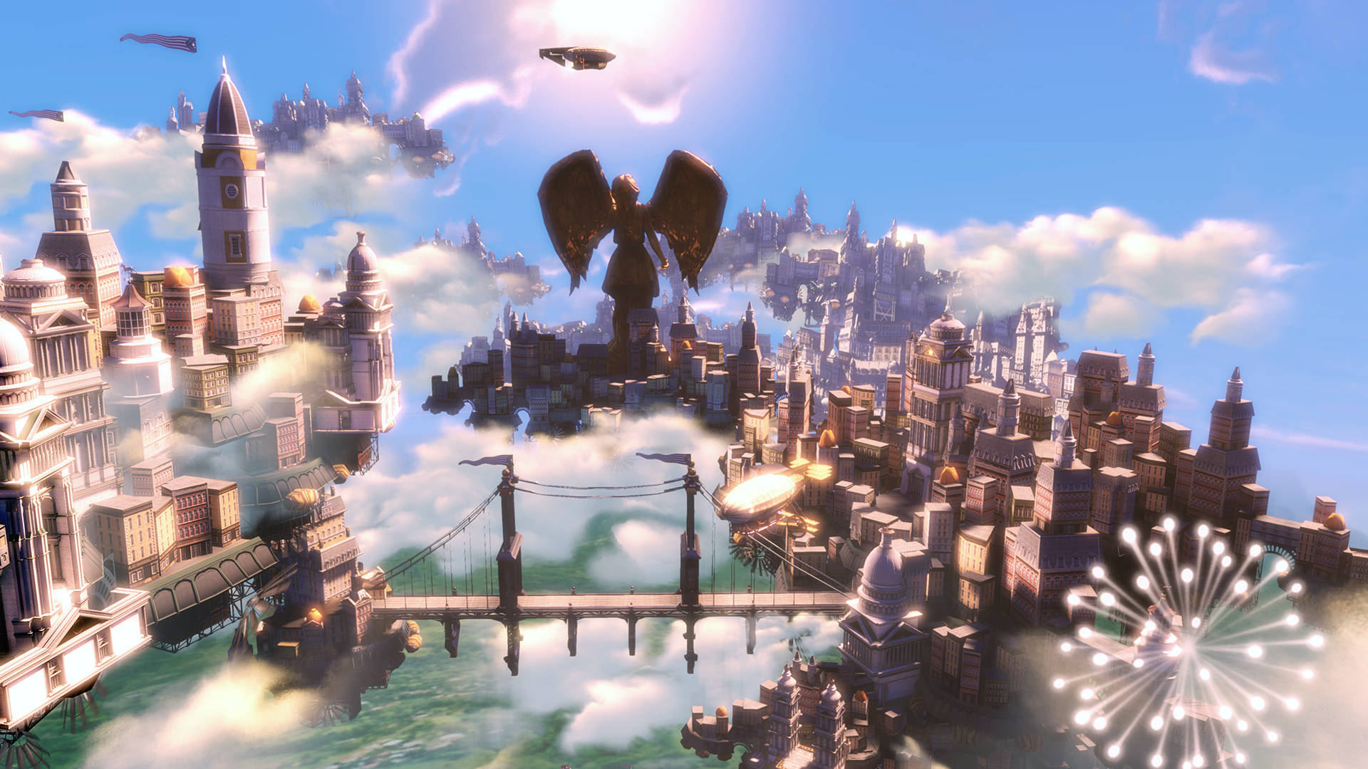 Bioshock Infinite 城市中心 壁紙 — 浮動幻想城市景觀，有巨型天使雕像、吊橋和飛行的飛船，在明亮的藍天下。