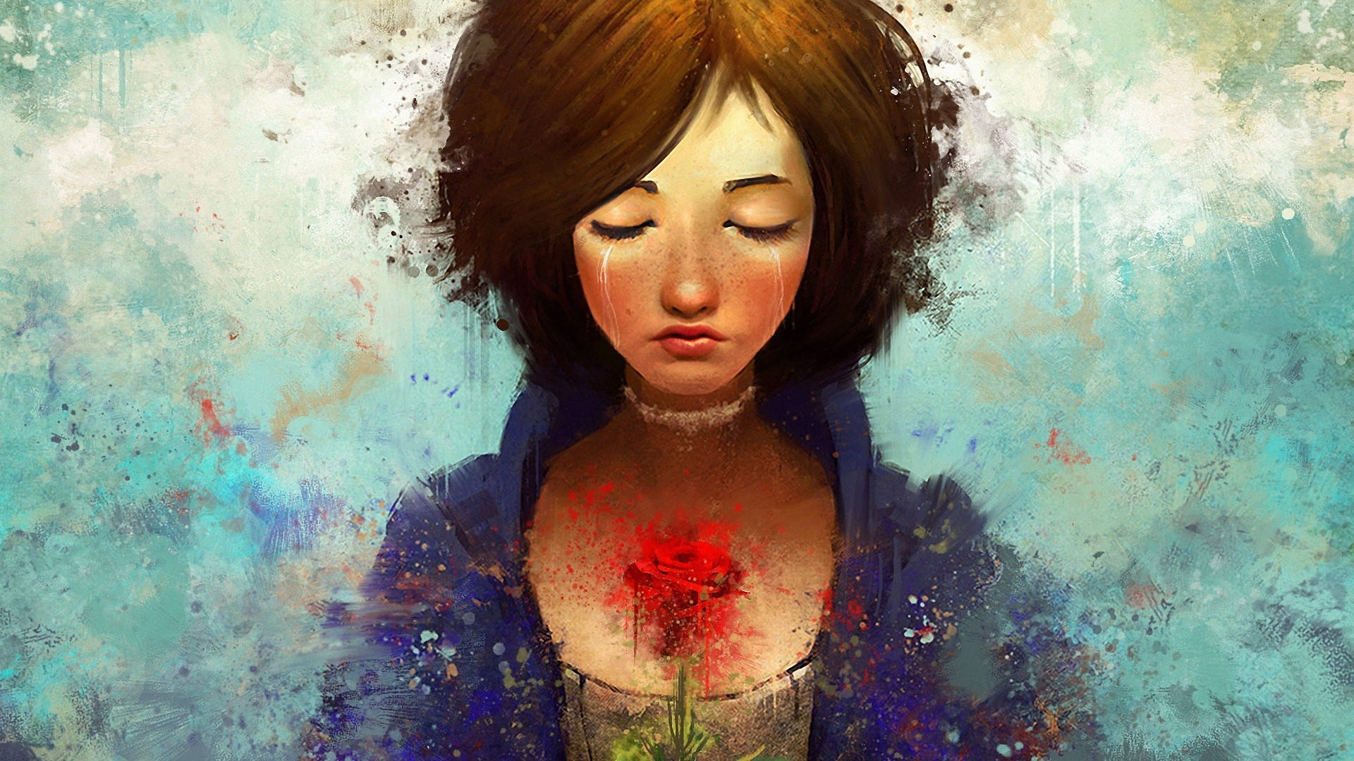 Bioshock Infinite Elizabeth 手捧紅玫瑰 壁紙 — 一個悲傷的女孩閉著眼睛流淚，胸前握著一朵盛開的紅玫瑰，背景是帶紋理的青綠色。