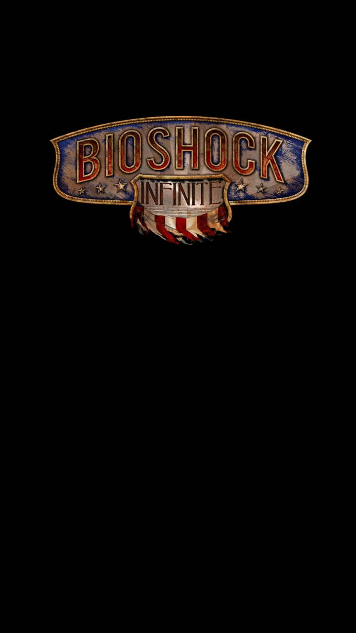 手機 桌布 壁紙 — Bioshock Infinite 標誌在簡潔的黑色背景上散發著歷經風霜的美式設計光芒。
