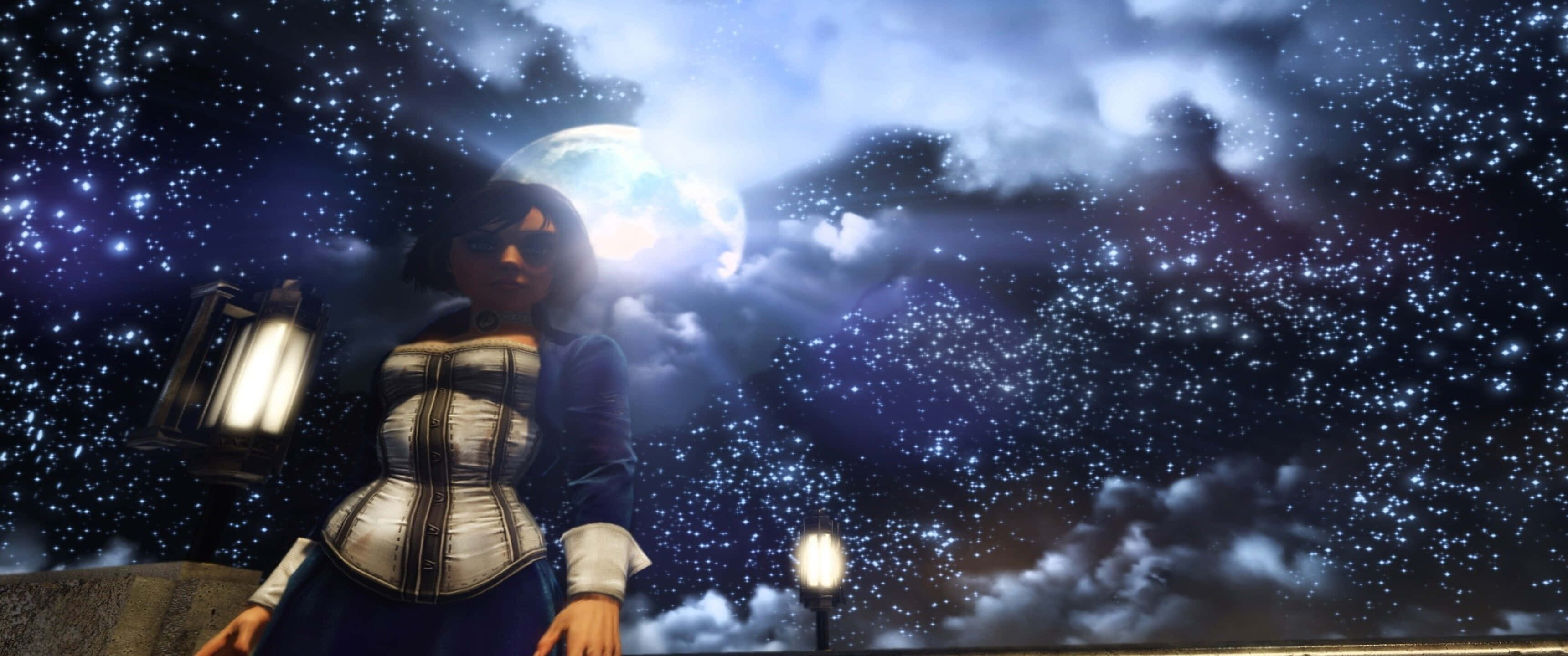 《Bioshock Infinite》3440x1440p 艾莉絲·康斯托克滿月背景 壁紙 — 一位穿著束身裙的女性站在繁星點點的夜空下，身旁有發光的月亮和燈籠。