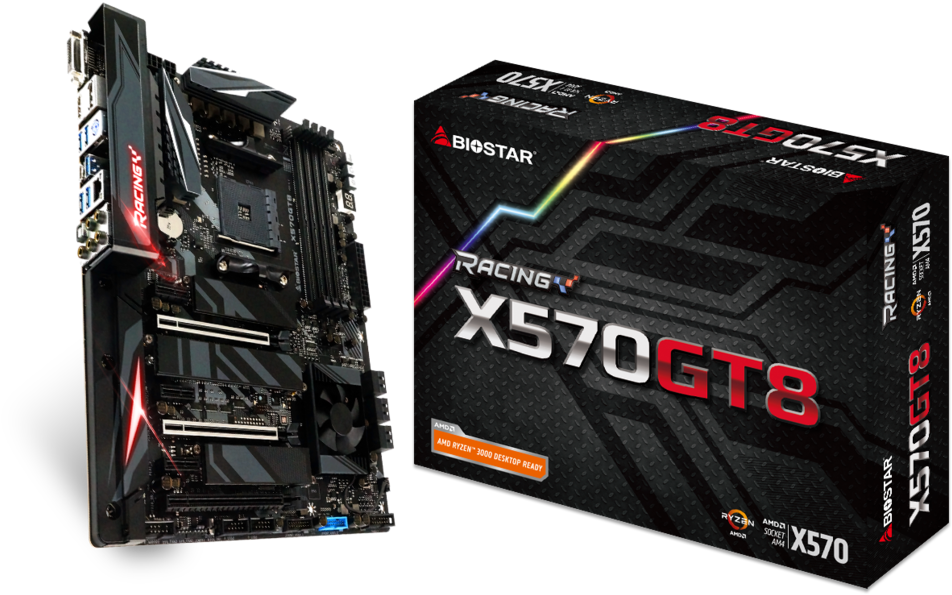 Biostar Racing X570 G T8 主機板與包裝 壁紙 — 一塊黑色Biostar X570GT8主機板帶有紅色點綴，旁邊是其匹配的黑色盒子，帶有彩虹圖案。