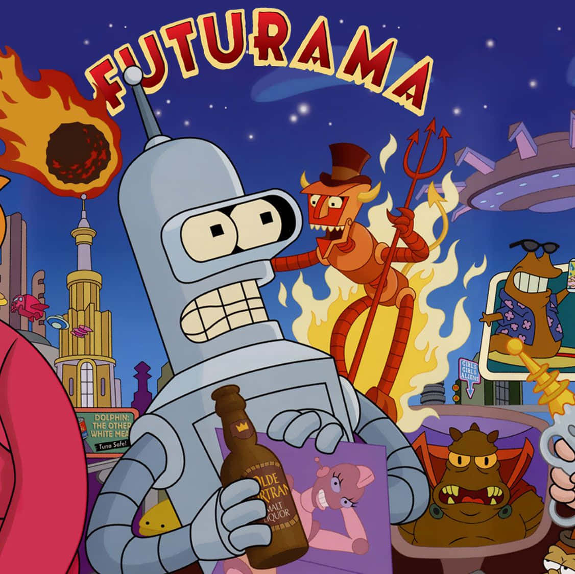在星空下，Futurama 機械人手持啤酒瓶，被卡通混亂包圍。