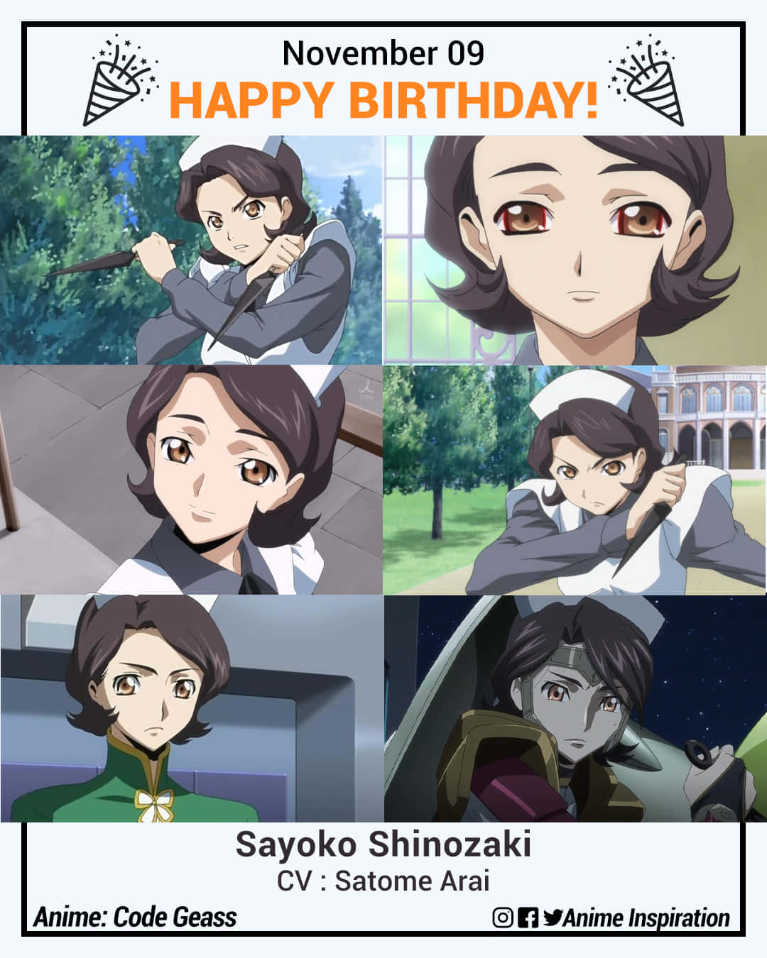 Sayoko Shinozaki 桌布 壁紙 — 動畫角色篠崎沙夜子身穿護士服的生日拼貼畫，橫跨六個場景並附有慶祝文字。