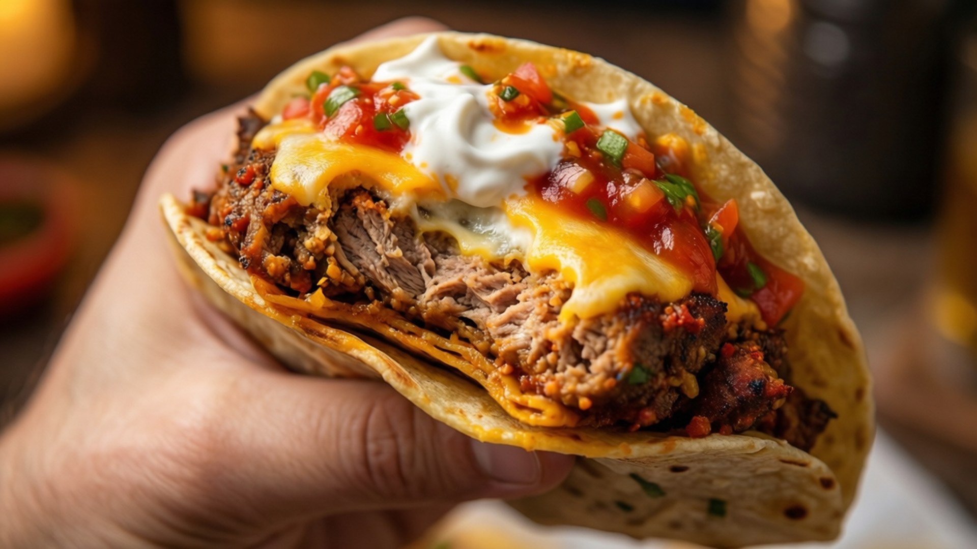 一隻手拿著一個裝滿肉、芝士、酸忌廉和 pico de gallo 的玉米餅卷。