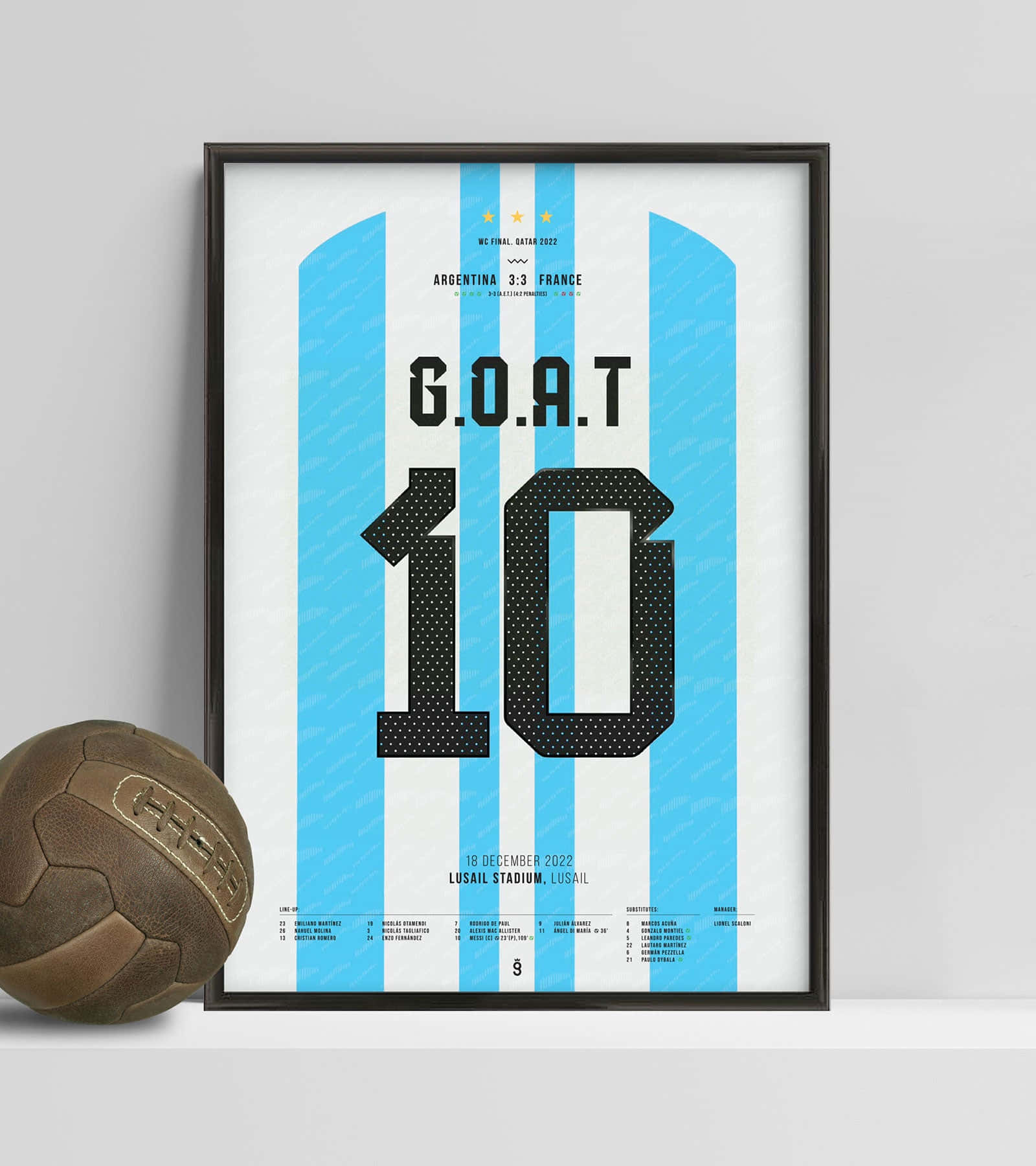 Messi Goat 桌布 壁紙 — 裱框阿根廷足球球衣海報，印有「G.O.A.T 10」及2022年世界盃細節，旁邊有一個復古皮球。