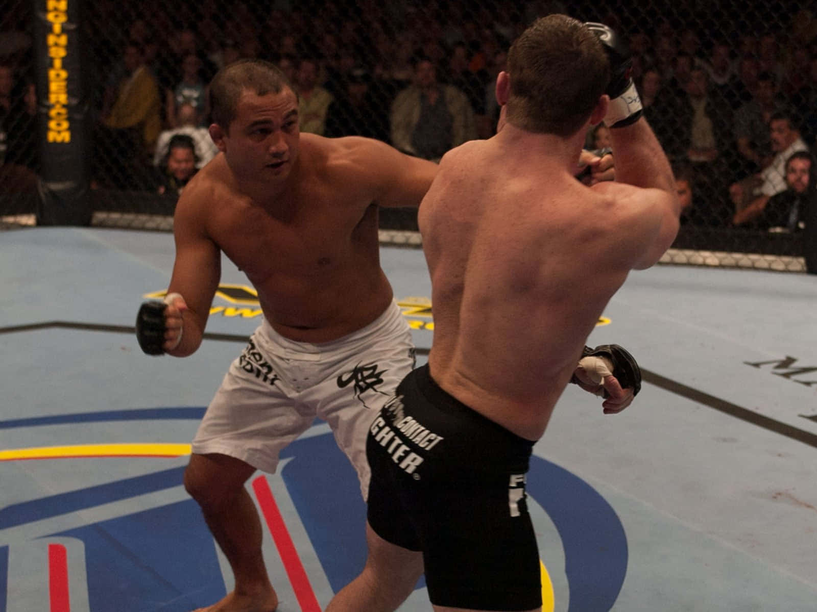 BJ Penn對決Matt Hughes於UFC 46（2004） 壁紙 — 兩名拳手在明亮的場館燈光下進行激烈的MMA比賽，觀眾在籠後觀看。
