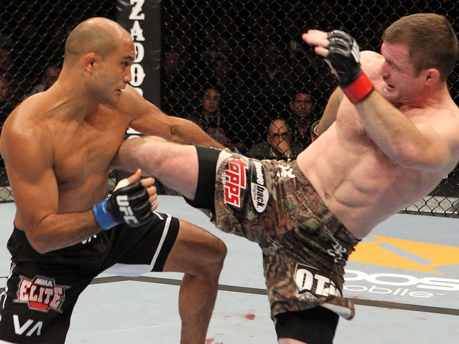 BJ Penn對決Matt Hughes於UFC 123（2010） 壁紙 — 兩名男性拳手在八角籠內進行激烈的MMA比賽，其中一人使出高踢。