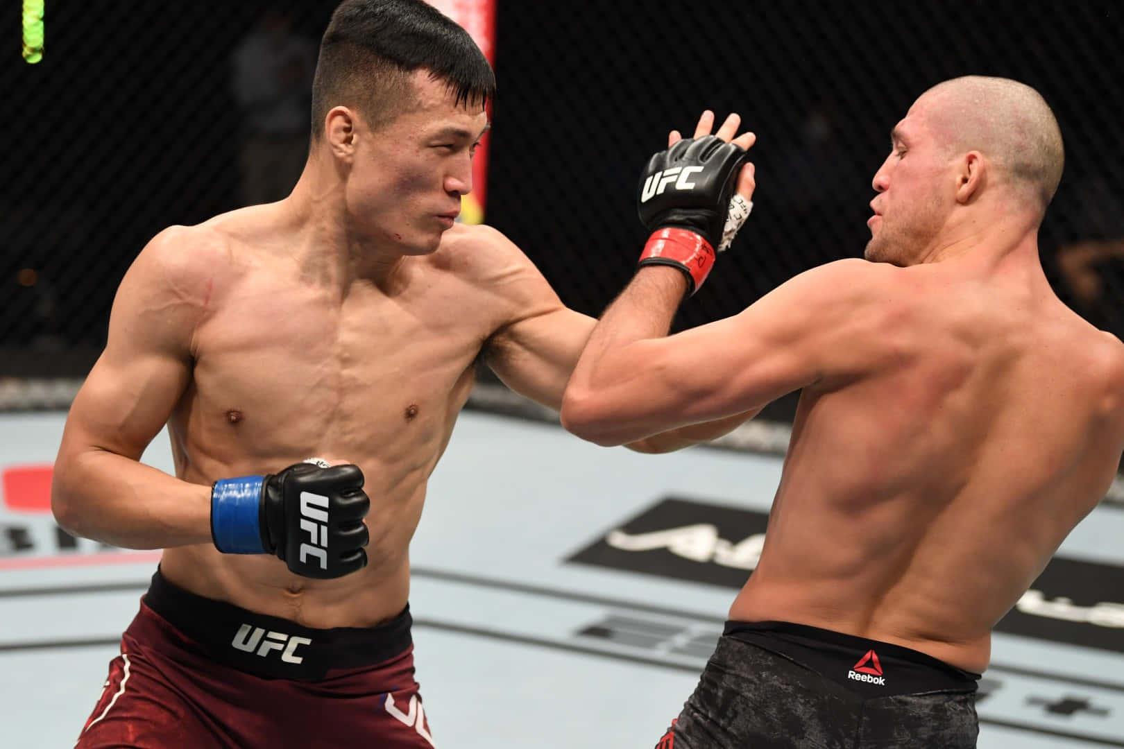 BJ Penn與Brian Ortega的綜合格鬥對決 壁紙 — 兩名肌肉發達的MMA拳手在籠中交鋒，其中一人在UFC比賽中向對方臉部揮拳。