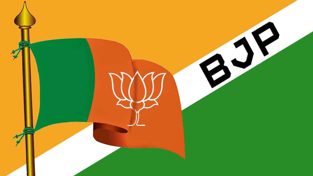 BJP黨旗，白色蓮花標誌，三色背景