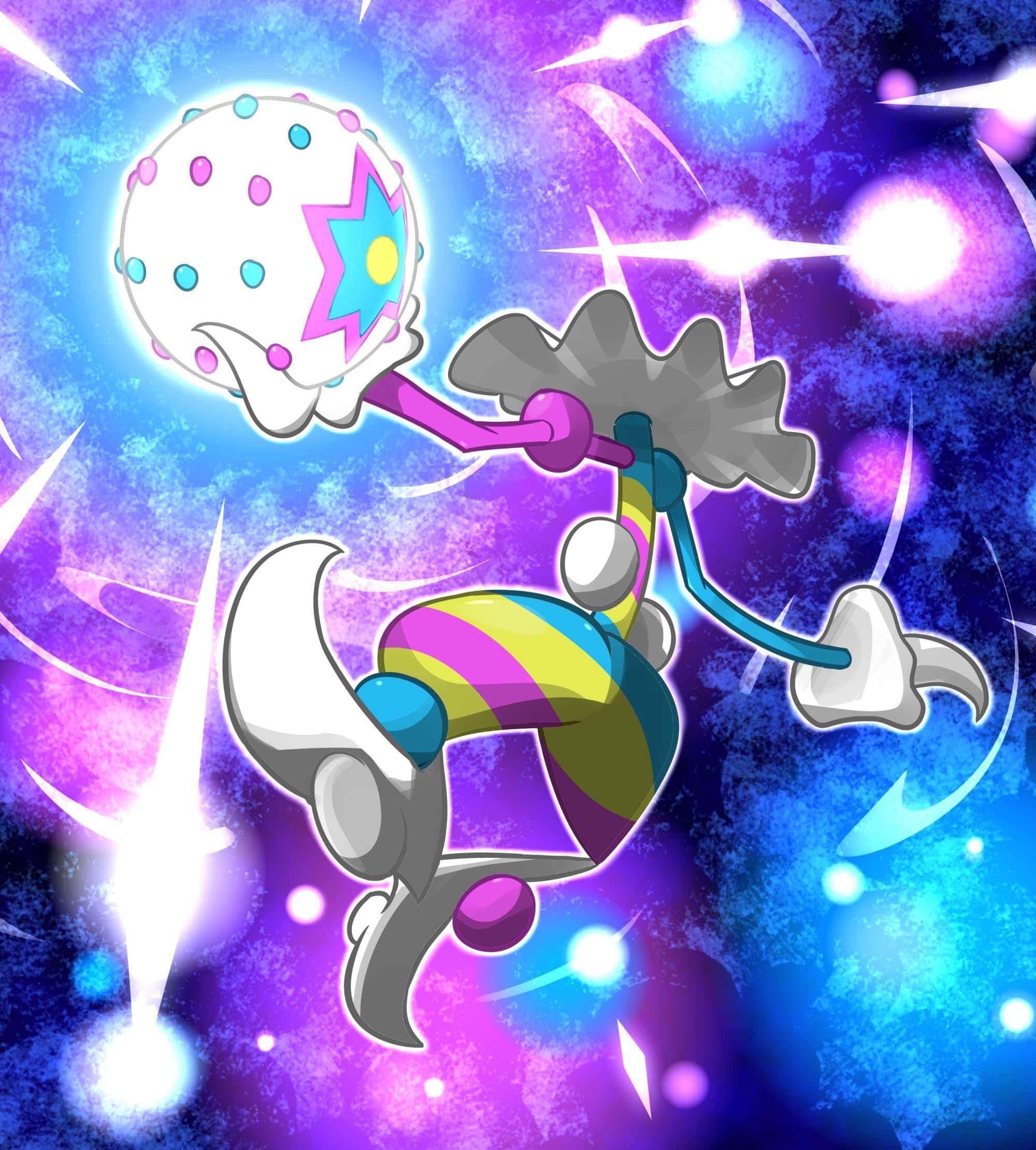手持發光頭部的 Blacephalon 壁紙 — 一個色彩繽紛的卡通生物，擁有條紋四肢和圓點頭部，在充滿發光星星和能量爆發的充滿活力的宇宙背景下動態漂浮。