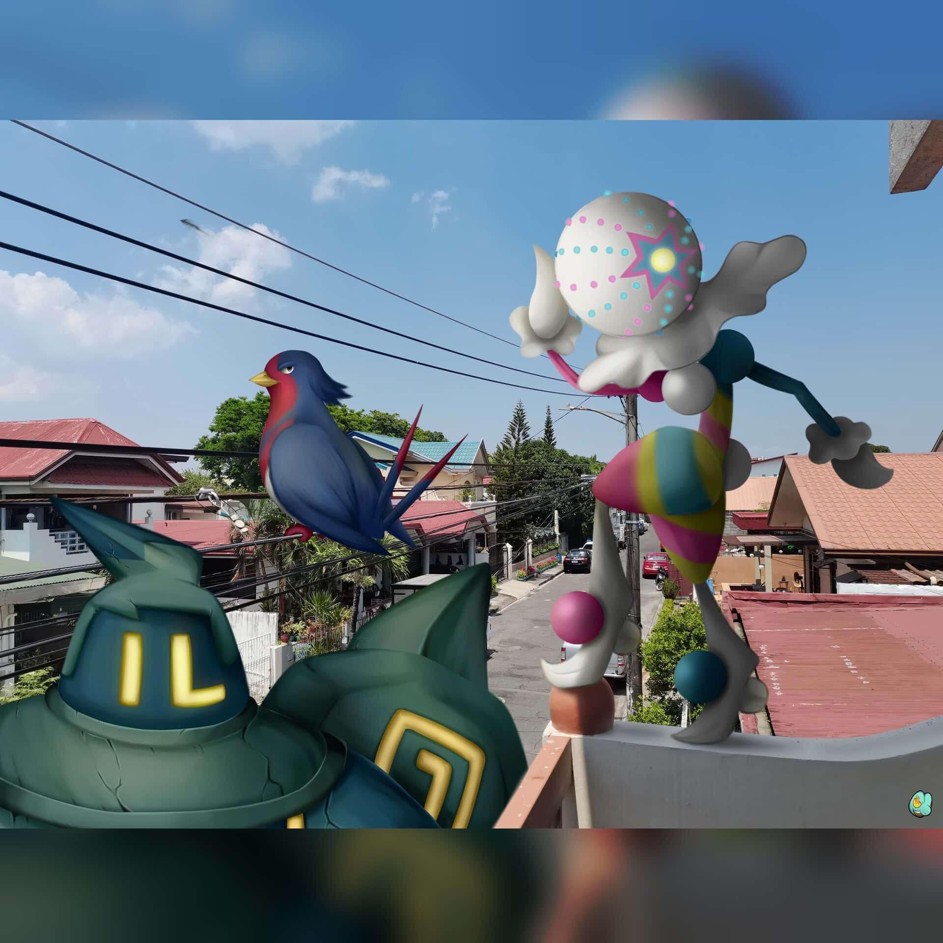 三隻寶可夢角色站在屋頂上，俯瞰著一條住宅街道。