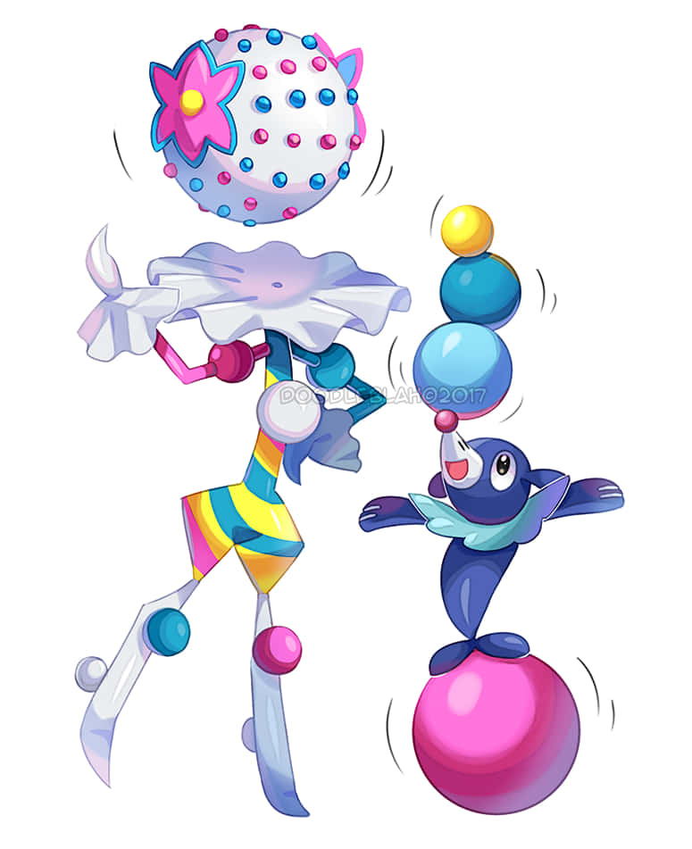 Blacephalon與Popplio 壁紙 — 兩個色彩繽紛的動漫風格寶可夢角色在純白背景前愉快地雜耍著鮮豔的球體。
