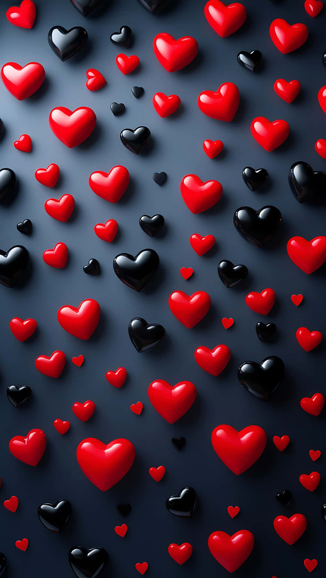Black and Red Hearts – Elegant Valentine Aesthetic Wallpaper 壁紙 — 鮮紅色和亮黑色的大小心形在深藍色背景上漂浮。