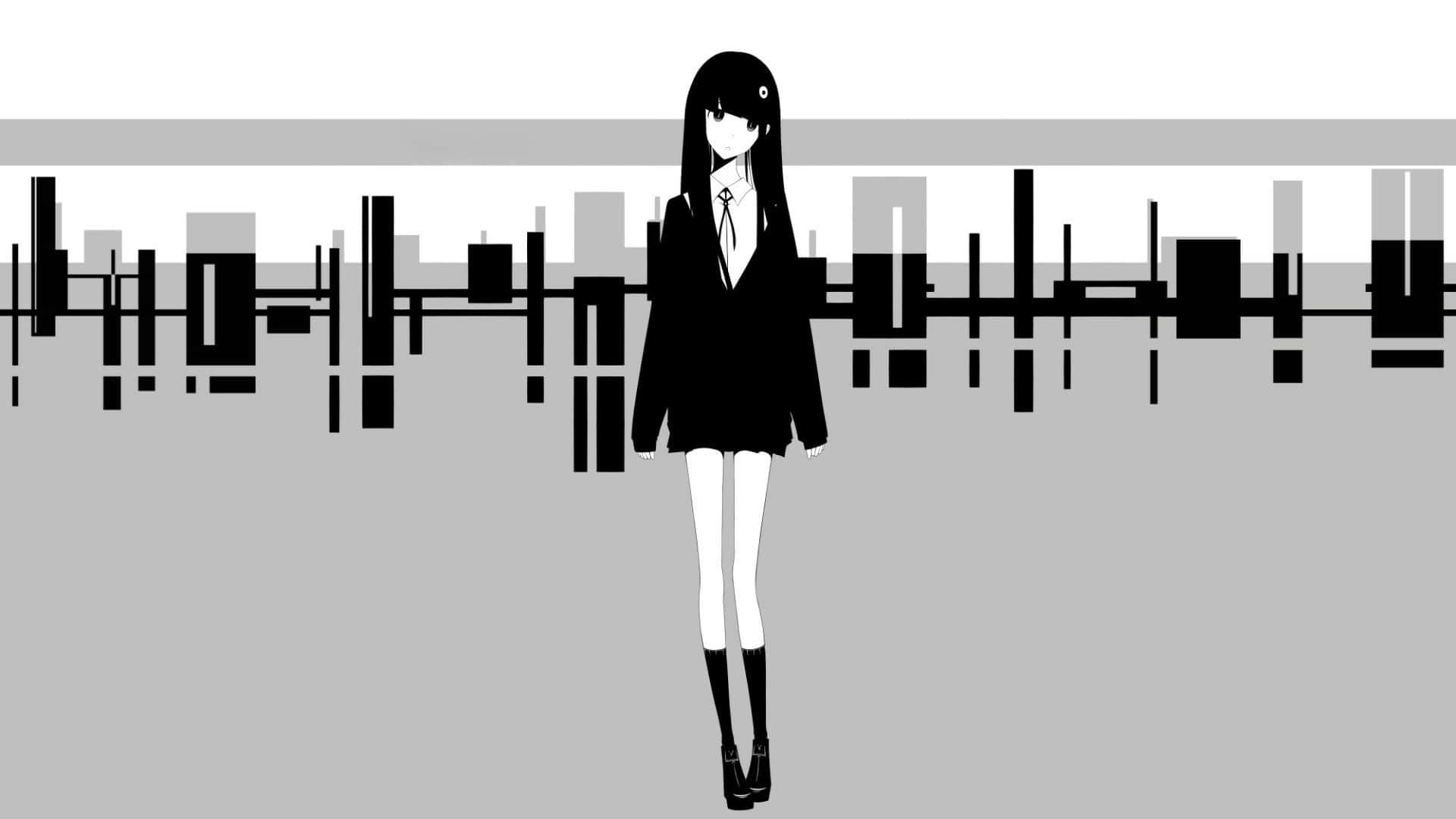  壁紙 — 一個黑白動漫女孩穿著校服，站在風格化的幾何城市天際線前。