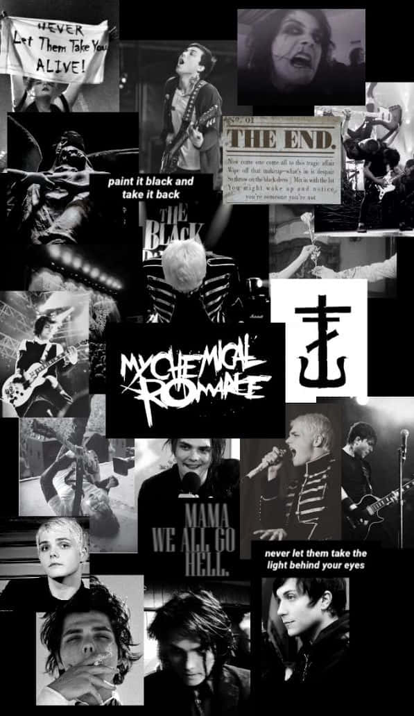 My Chemical Romance 樂團拼貼畫，包含歌詞和表演照片，黑白風格。