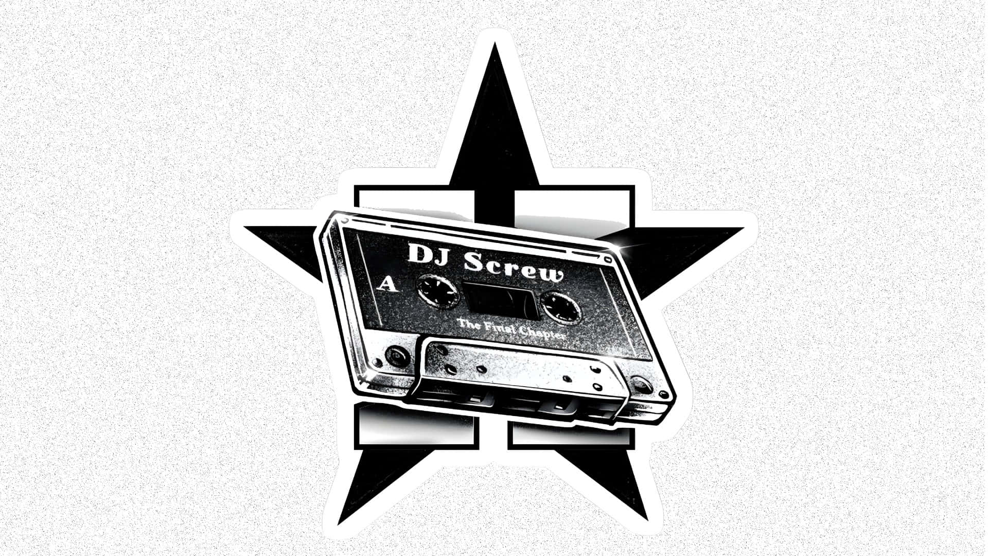  壁紙 — 一個黑白貼紙，中央有一個DJ Screw卡式錄音帶，位於一個粗體星形內，背景有紋理。