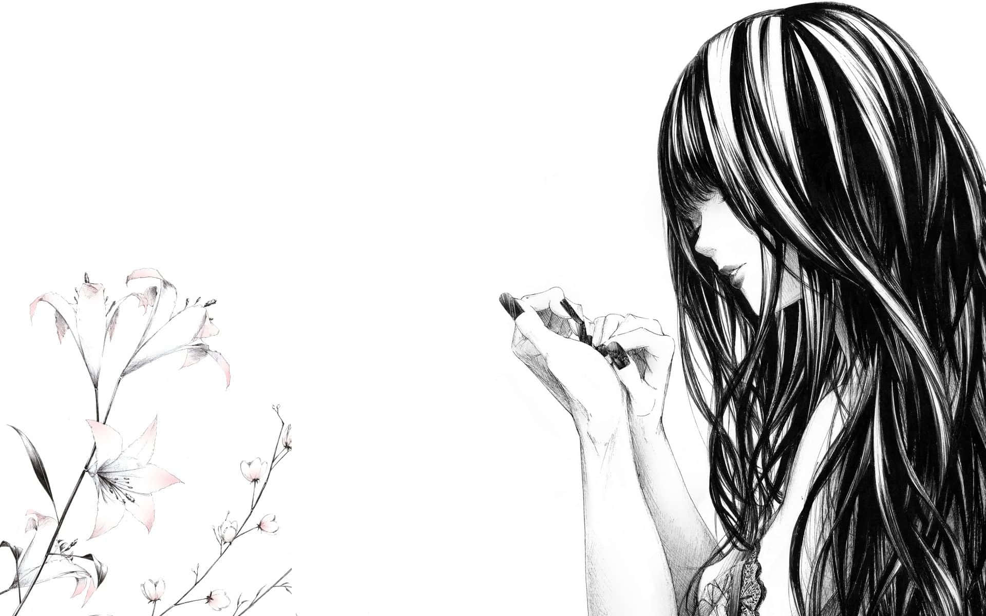 壁紙 — 一個黑白插圖的長髮女孩，在精緻的百合花旁將筆靠近嘴唇。