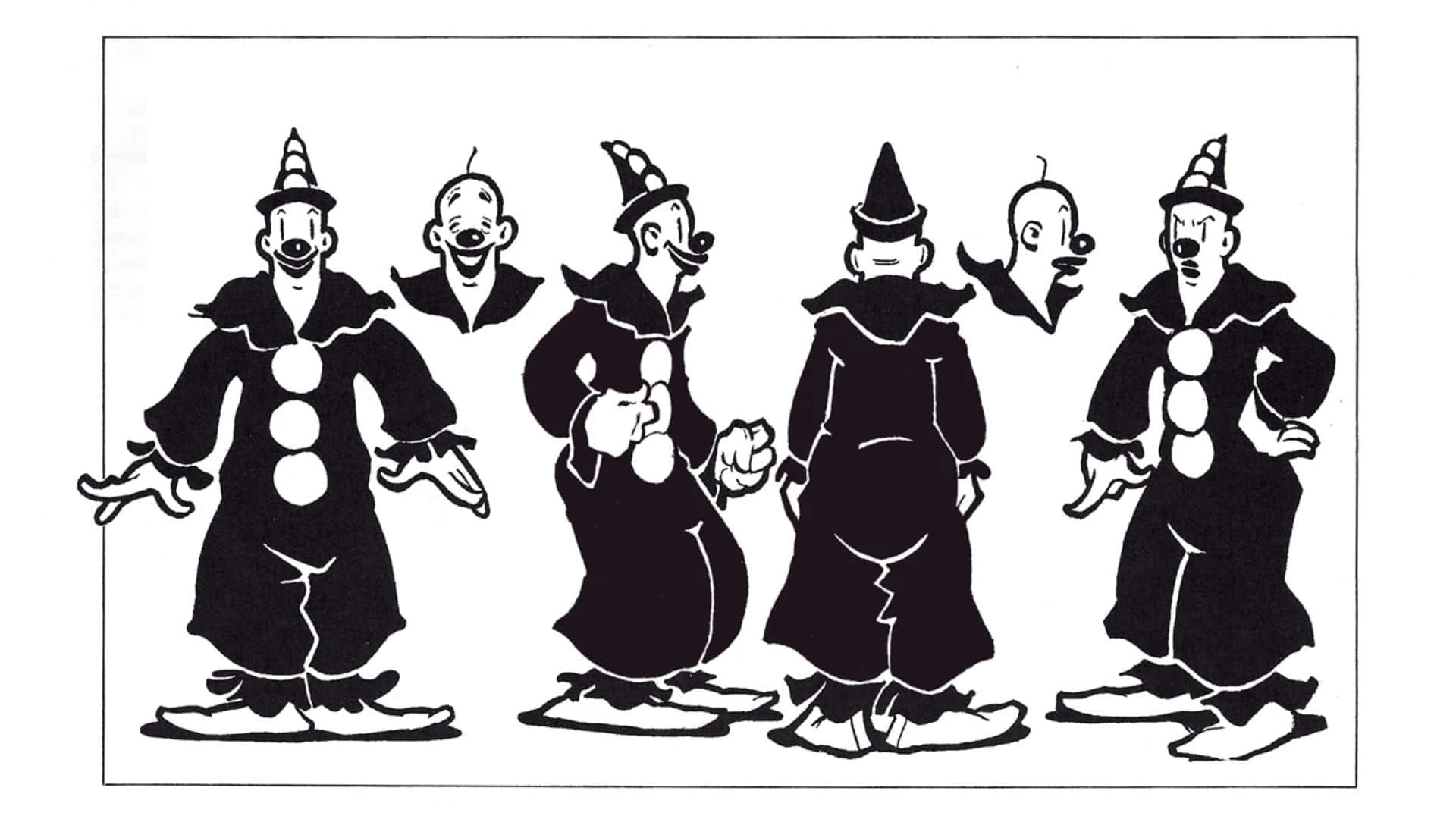  壁紙 — 黑白插圖，描繪五個小丑以各種姿勢和表情呈現，特徵誇張。