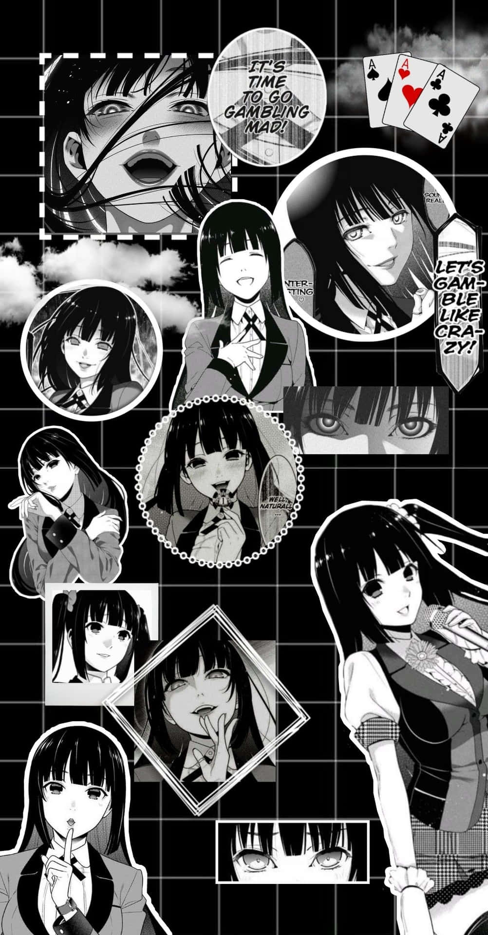  壁紙 — 一幅黑白漫畫拼貼，包含多個表情豐富的動漫女孩面板，帶有賭博主題的對話氣泡和撲克牌。