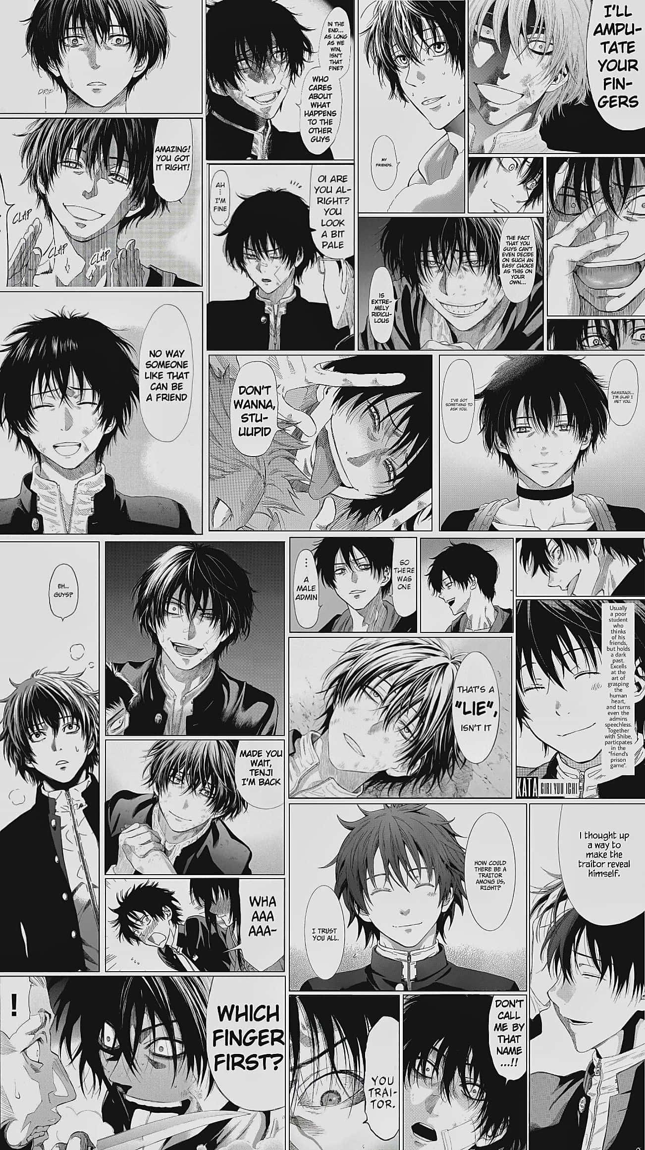Yuuichi Katagiri 桌布 壁紙 — 黑白漫畫面板描繪年輕男性角色之間帶有戲劇性表情和對話的強烈情感交流。