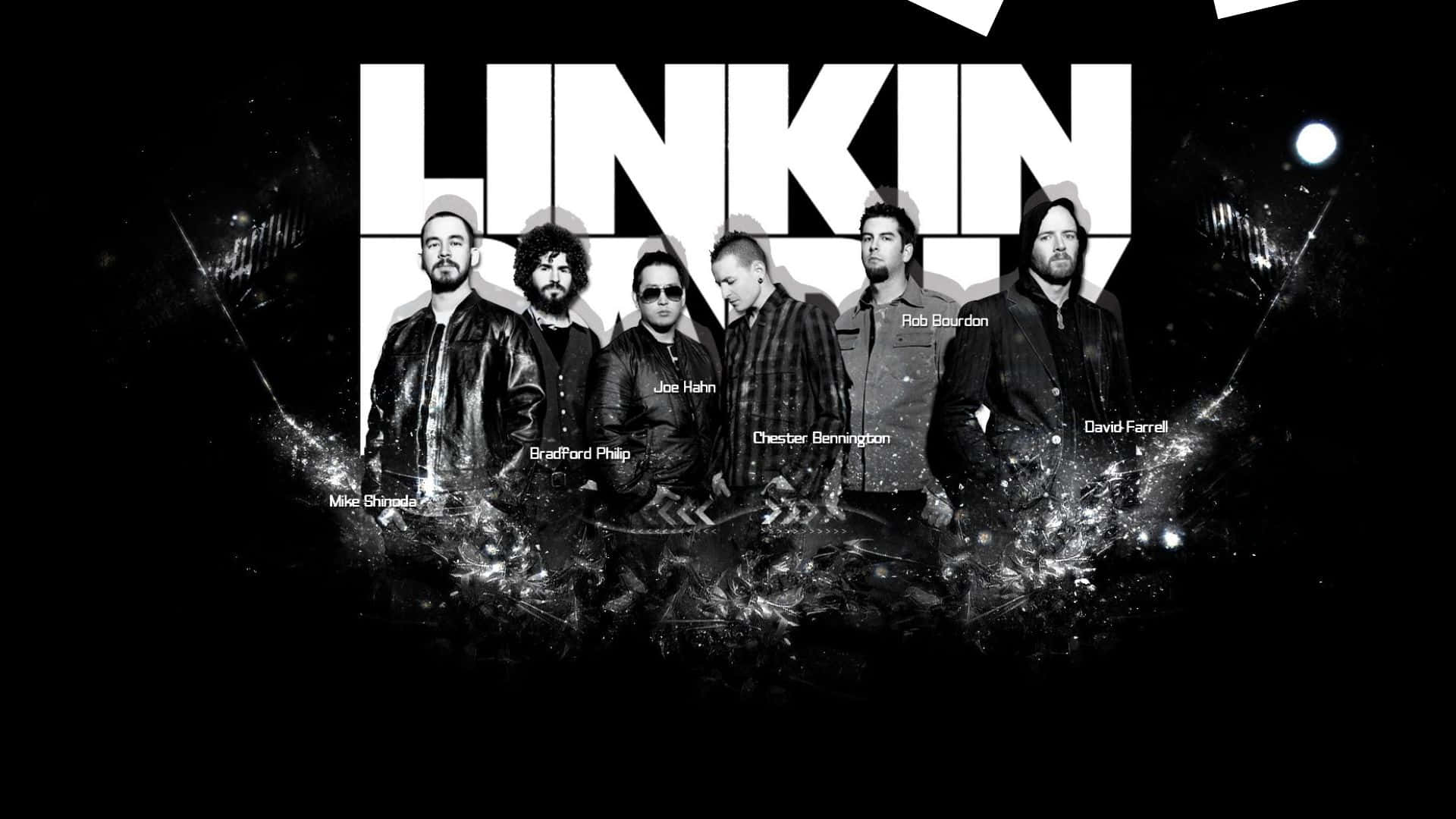  壁紙 — Linkin Park 樂隊成員的黑白肖像，站在粗體白色文字前，帶有發光的抽象能量效果。