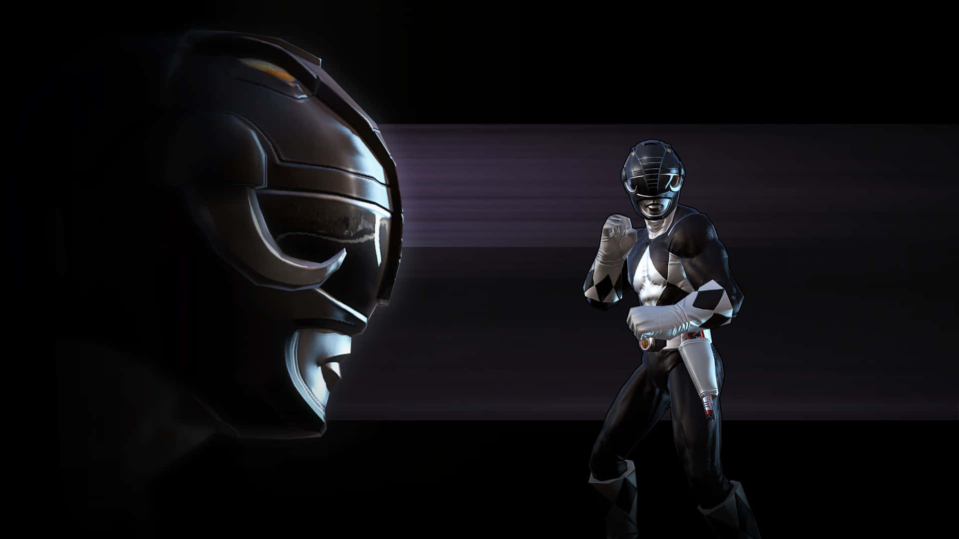  壁紙 — 一個黑白相間的Power Ranger以戰鬥姿勢站立，面向一個戴著頭盔的巨大頭部，背景為深色漸變。