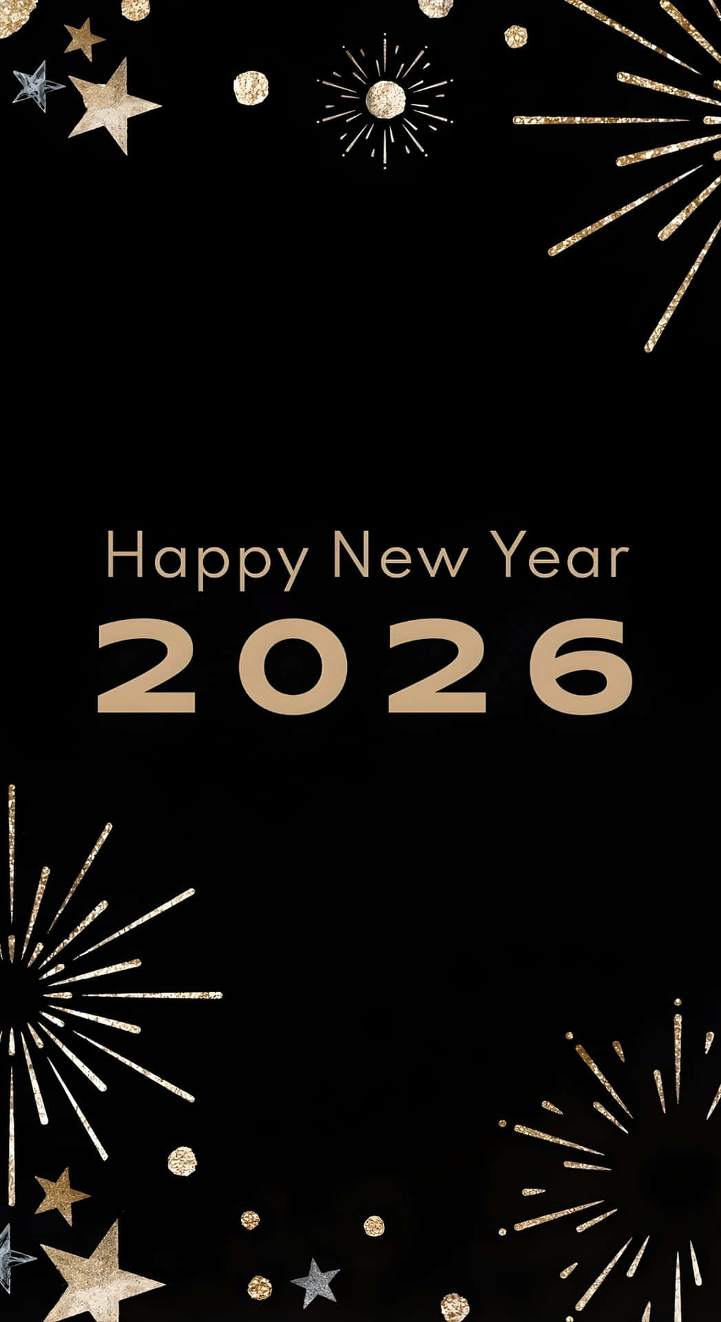  壁紙 — 黑色背景，金色閃爍煙花星星和粗體文字慶祝2026年新年快樂。