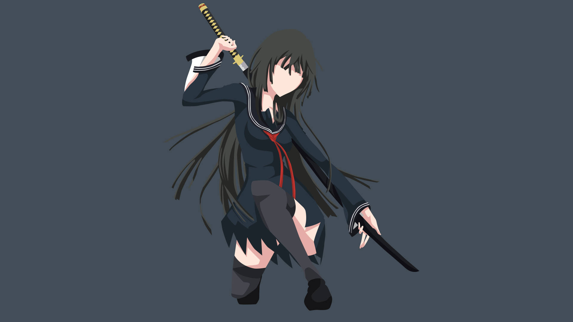 Black Bullet 系列角色Kisara向量藝術 壁紙 — 身穿校服的動漫女孩在深灰色背景上揮舞兩把劍。