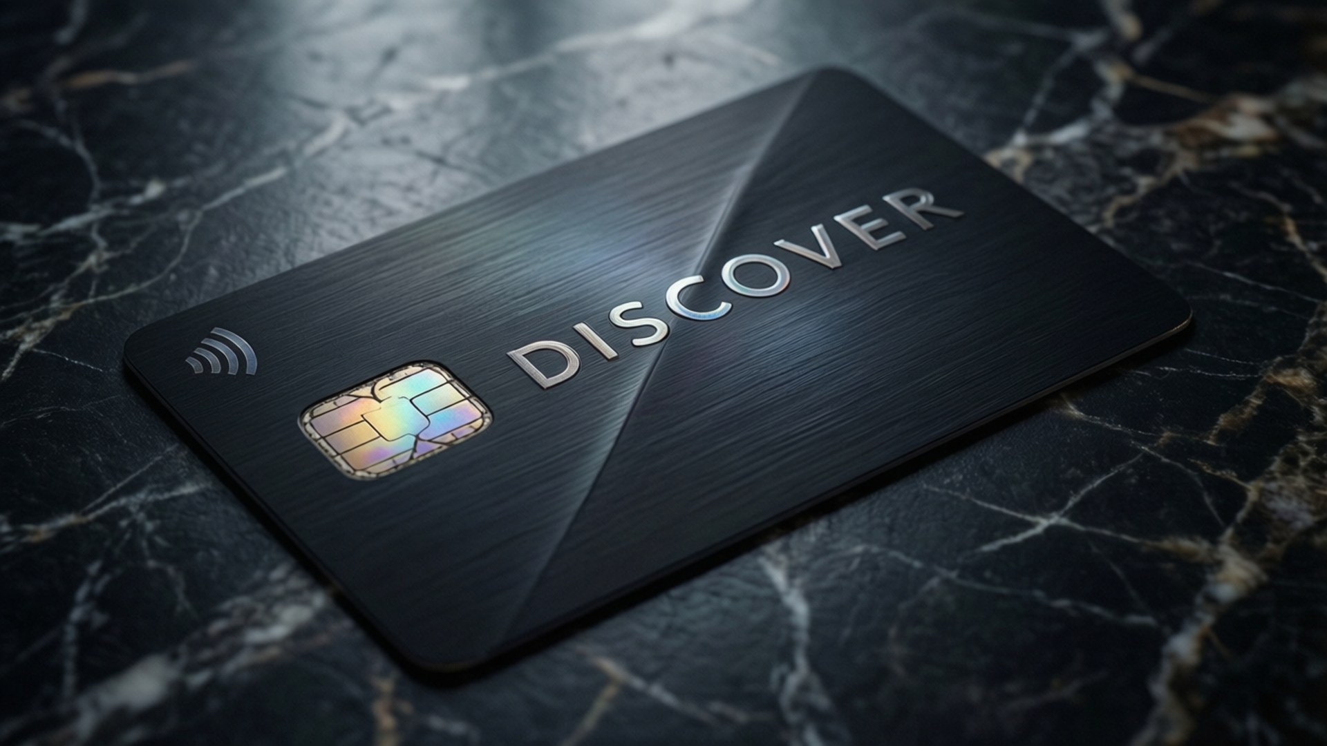 深色大理石表面上的黑色Discover信用卡及晶片