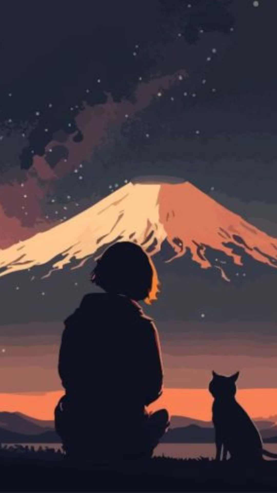一個人同一隻貓坐喺發光嘅山前面，背景係繁星點點嘅天空