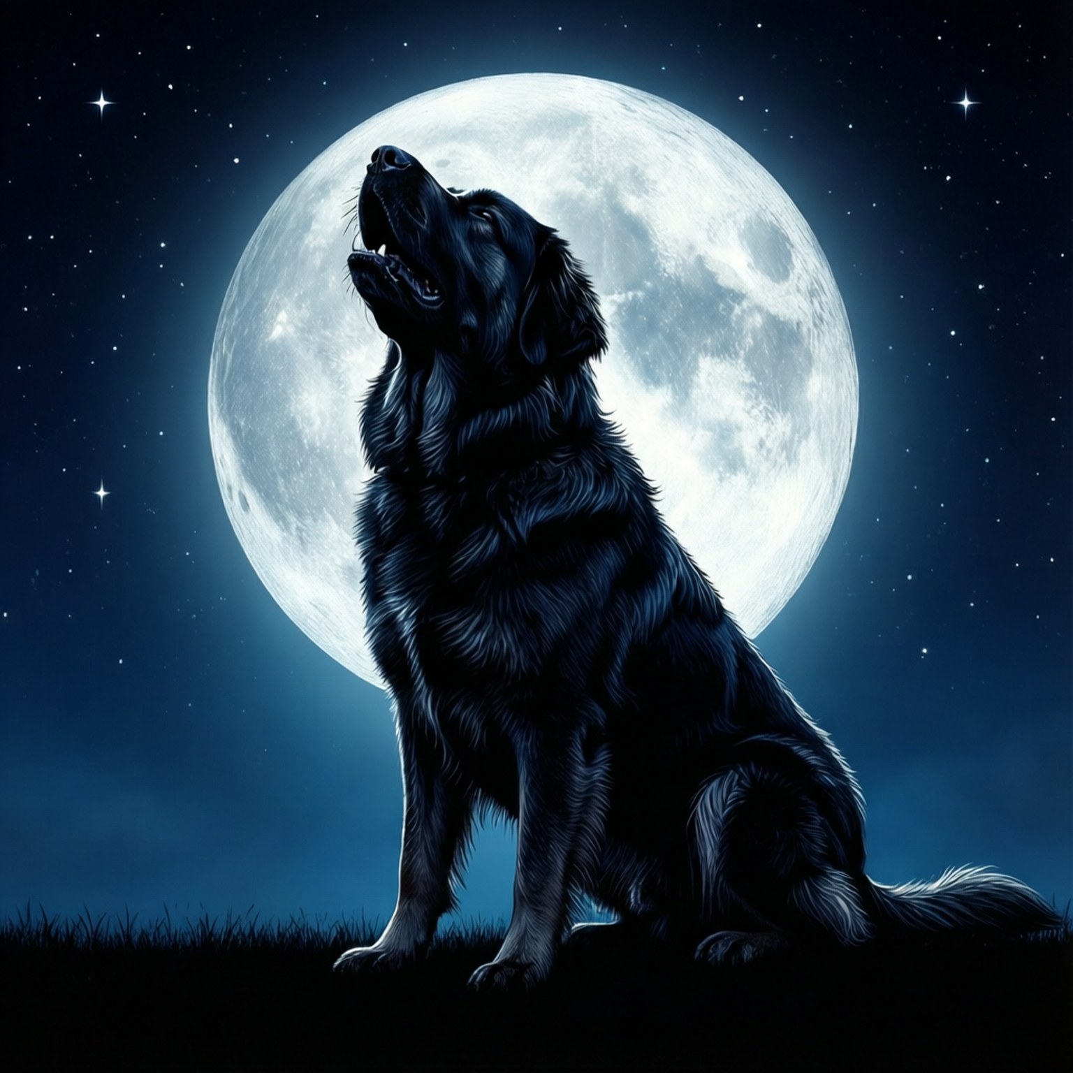 Sadaharu 桌布 壁紙 — 一隻黑狗坐在草地上，對著星空下的一輪巨大月亮嚎叫。
