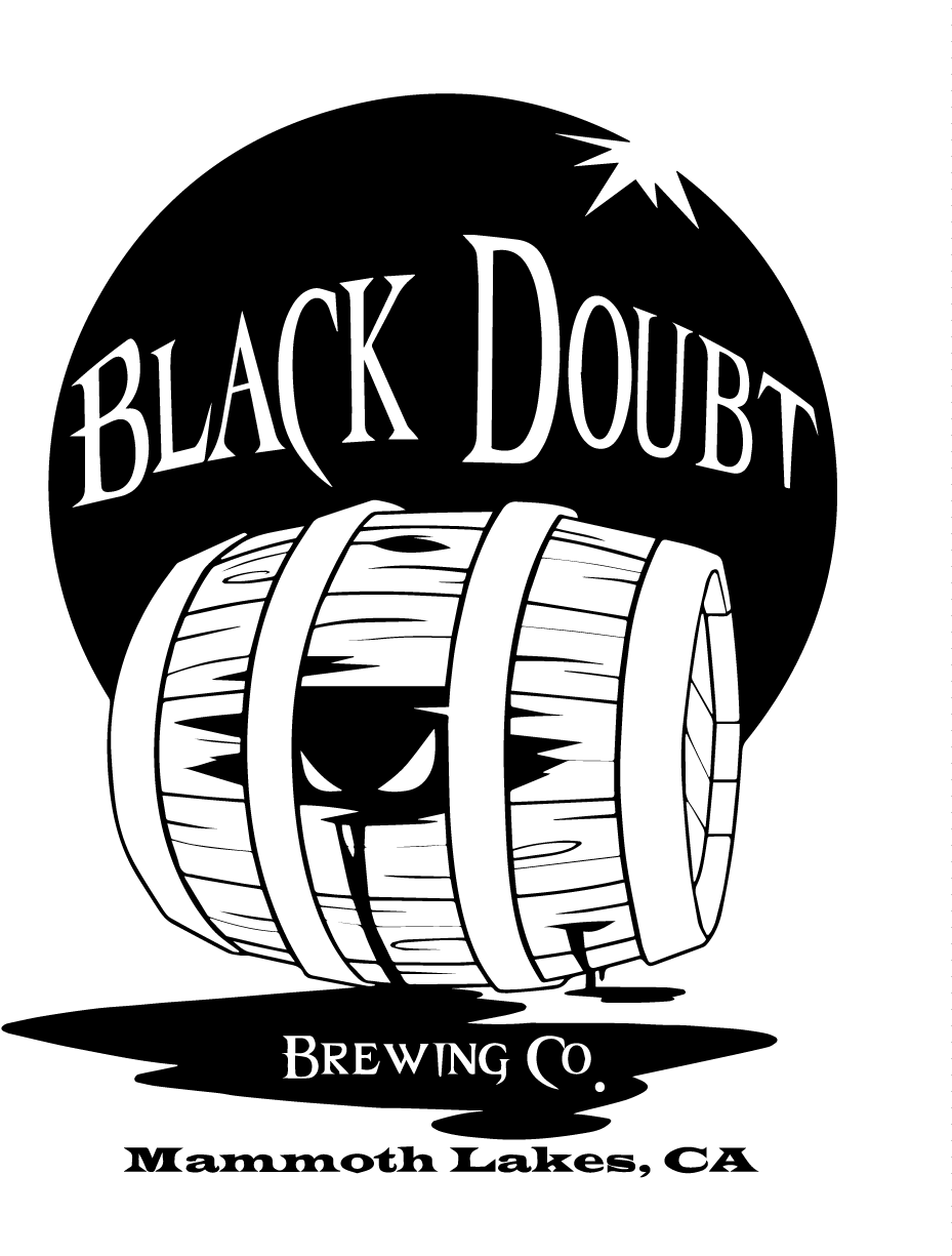 Black Doubt 啤酒公司標誌 壁紙 — 一個鮮明的黑白標誌，上面有一個帶發光眼睛的威脅性木桶，以及文字 Black Doubt Brewing Co.