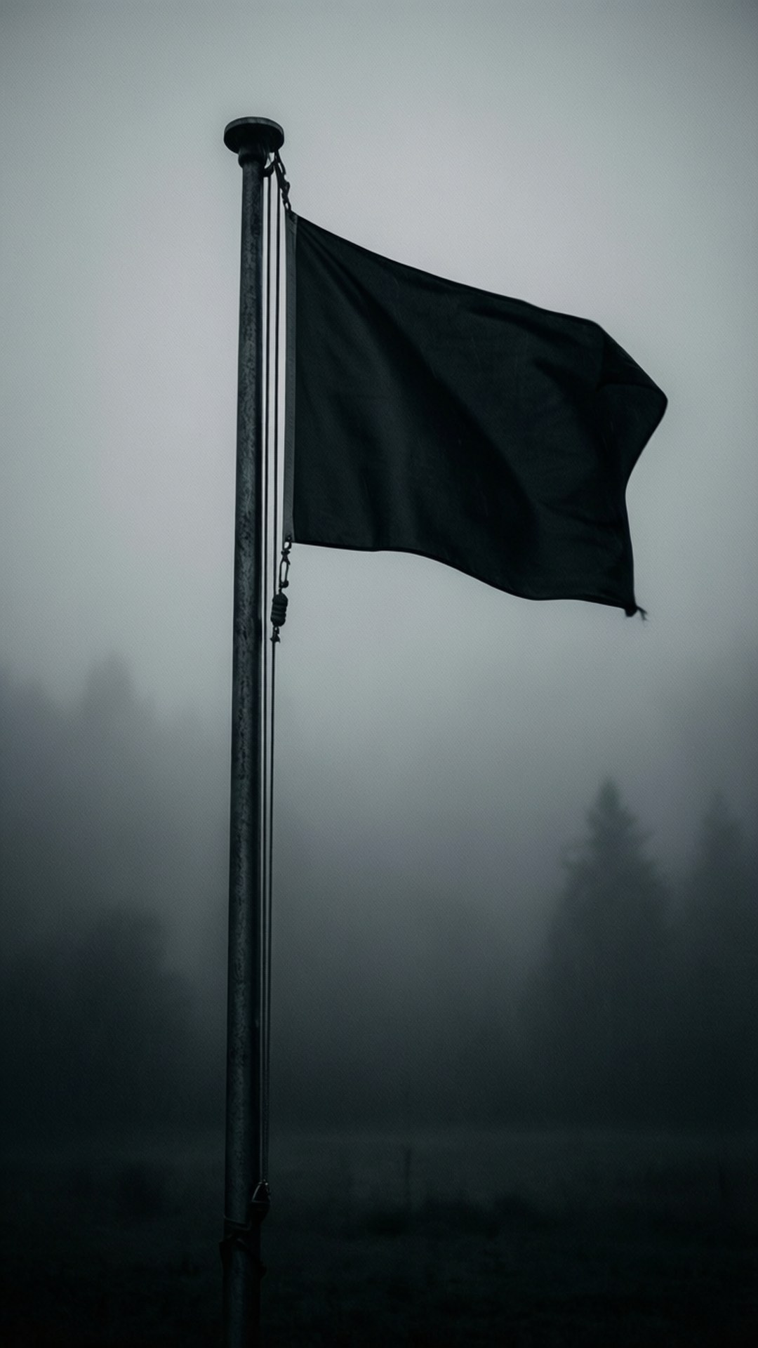 Black flag waving in foggy outdoor setting with trees in background 壁紙