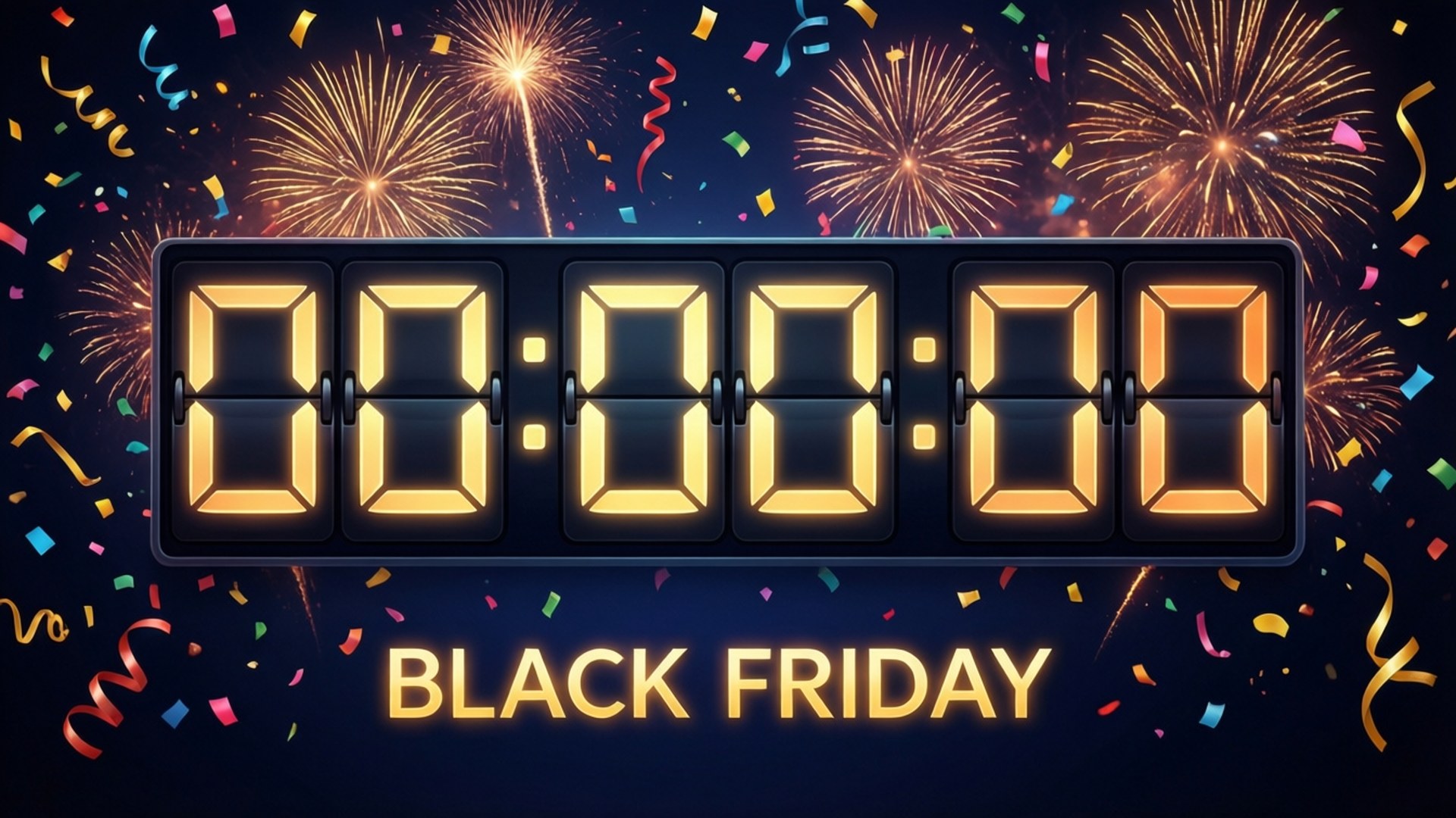Black Friday Countdown 壁紙 — 一個發光的數碼倒數計時器顯示00:00:00，為黑色星期五而設，背景是夜空、煙花和彩色紙屑。