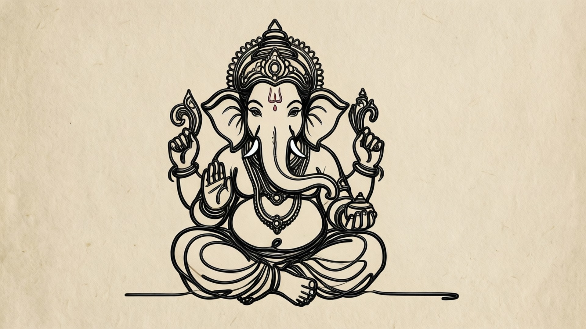 Line Art Ganesha 壁紙 — 一幅詳細的黑色線條畫，描繪象頭神坐在有紋理的米色紙上冥想。