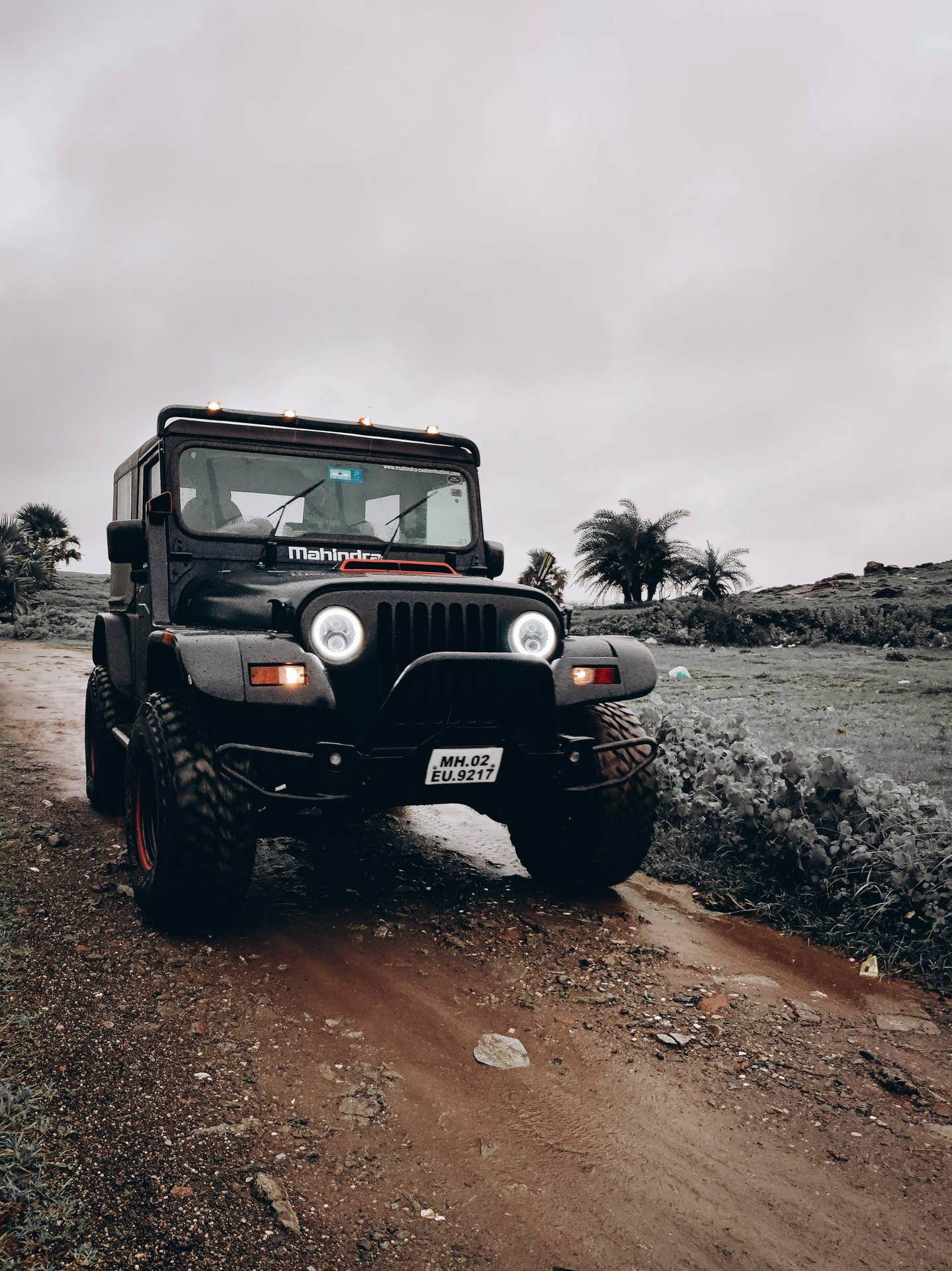 黑色Mahindra Thar SUV在泥濘小徑上，背景有棕櫚樹和陰天